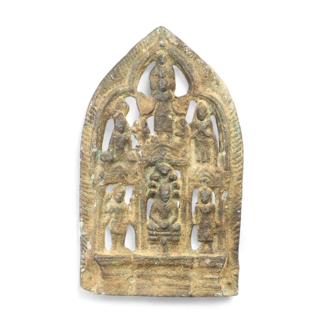 Ancient Southeast Asian Bronze Multi-Figure Devotional Plaque, c. 8th-10th Century CE, 294g, 15cm: This rare and intricately cast bronze devotional plaque from ancient Southeast Asia dates to the 8th-10th century CE and features a vertically tiered composition of deities and devotees. Measuring 15 