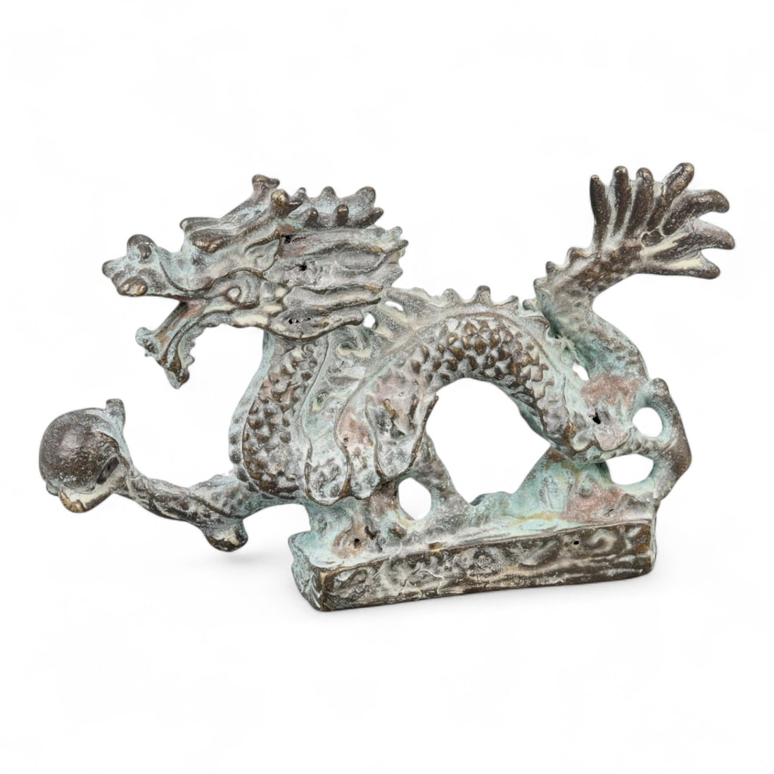 Antique Chinese Celestial Dragon Bronze Figurine Holding Pearl, 11x7cm, 205g, c. 19th Century (1 of 3)