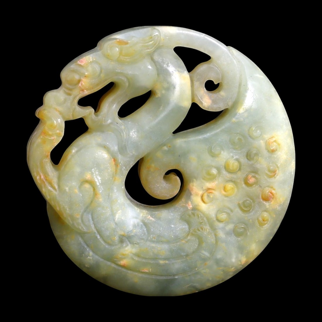 Antique Chinese Coiled Phoenix Celestial Renewal Nephrite Jade Amulet, 52g: This Antique Chinese nephrite jade amulet features a stylized phoenix rendered in a graceful, coiled form with finely detailed feathers and swirling plumage. Carved from translucent green jade with wa