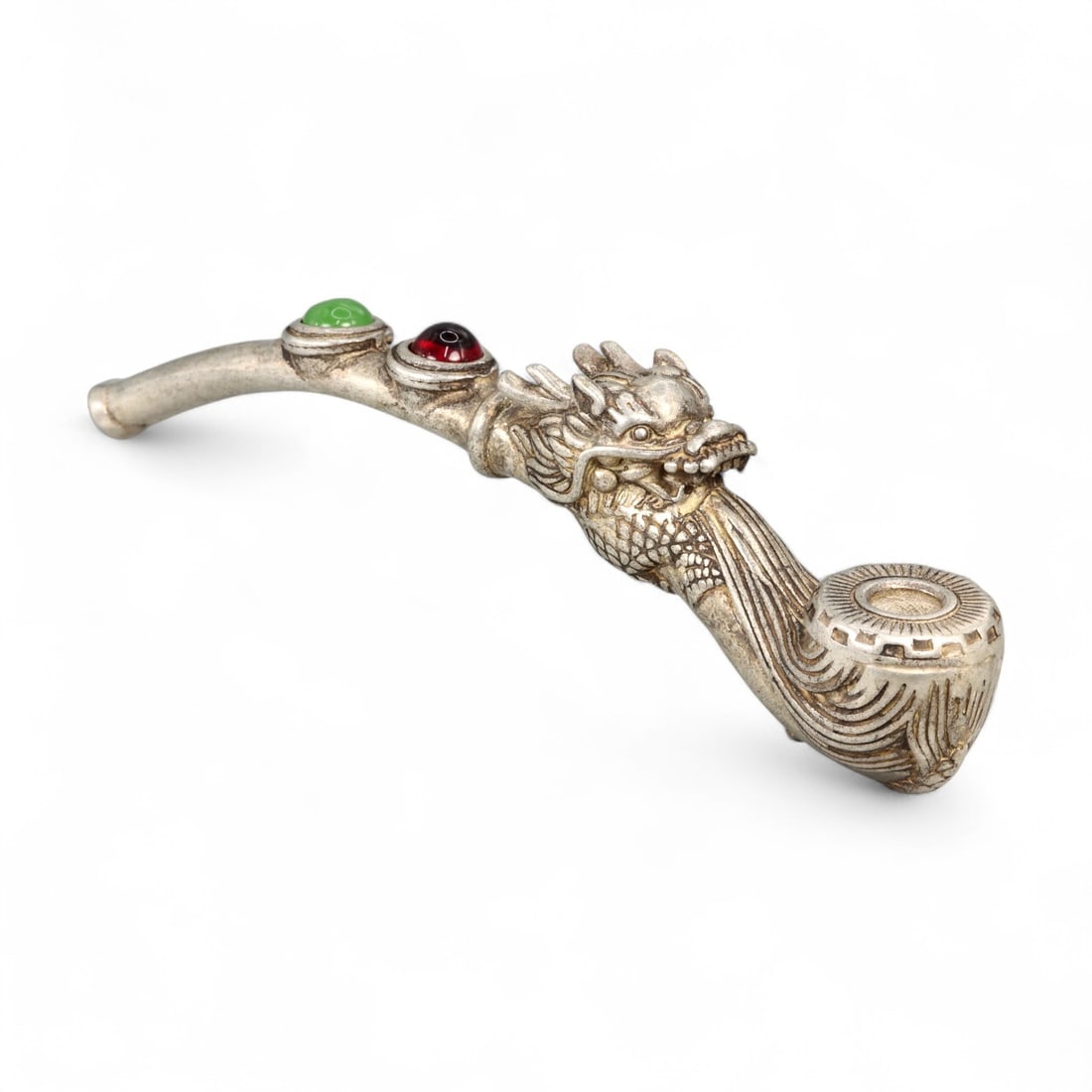 Vintage Chinese Dragon Head Smoking Pipe, Silver Alloy & Cabochons, c. Mid 20th Century, 70g: This striking vintage Chinese tobacco pipe, dating to the mid 20th century, merges ornamental craftsmanship with cultural symbolism in a functional design. Cast in silver alloy, the pipe features a bo
