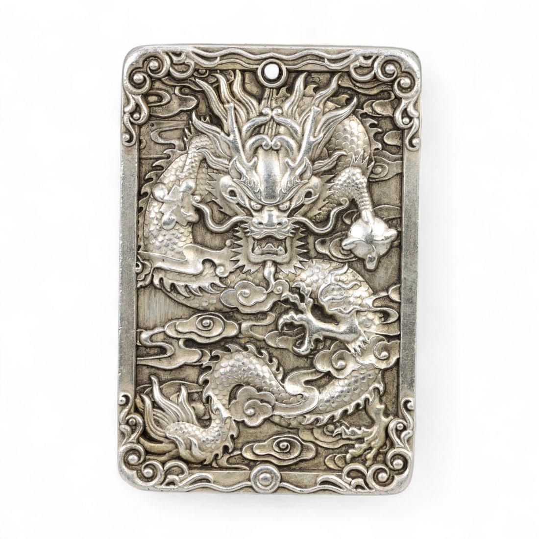 Vintage Chinese Imperial Dragon Pendant Plaque, Silver Alloy, c. Mid 20th Century, 71g: This dramatic vintage Chinese pendant plaque, dating to the mid 20th century, showcases a fearsome five-clawed imperial dragon in high relief-an enduring emblem of power, divine authority, and celesti