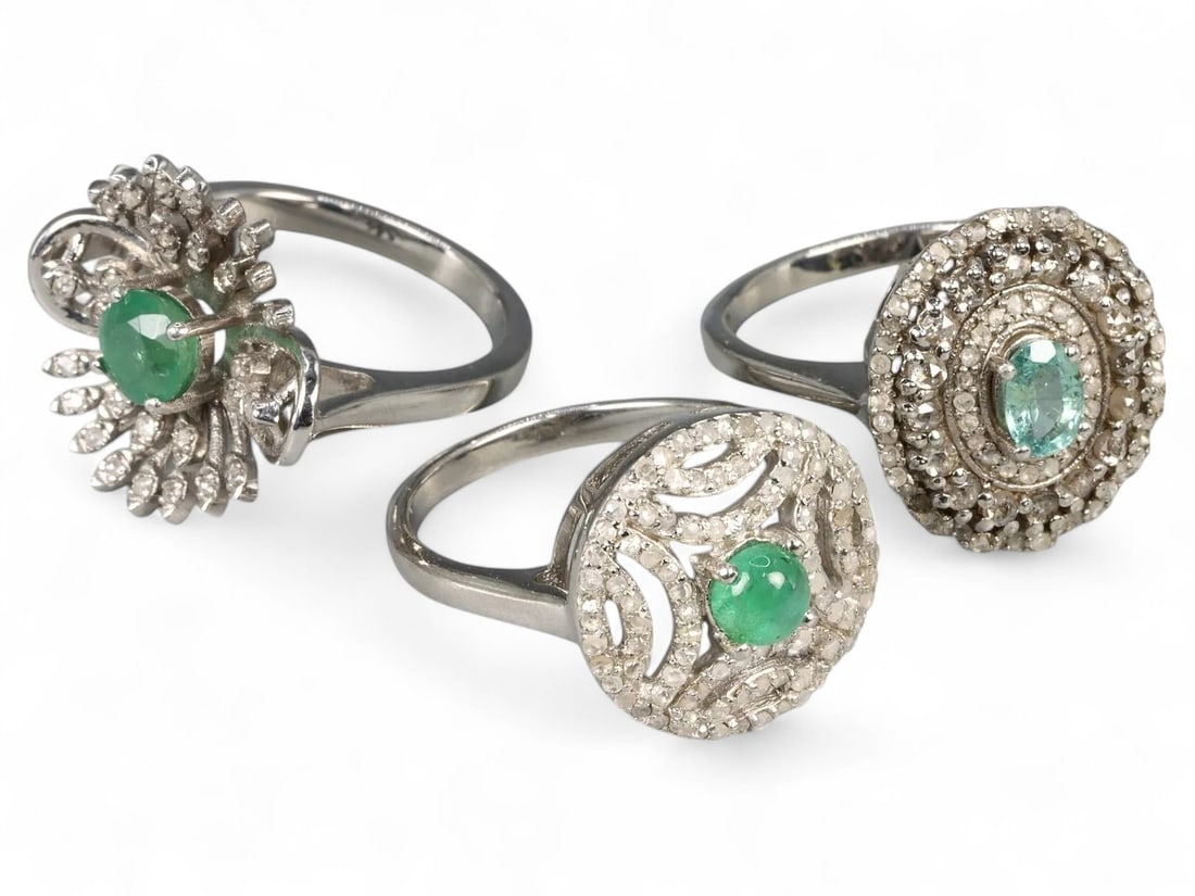 Zambian Emerald & Diamond Rings in Stamped 925 Silver (12g Total, Sizes 7 - 7.25 US) (1 of 4)