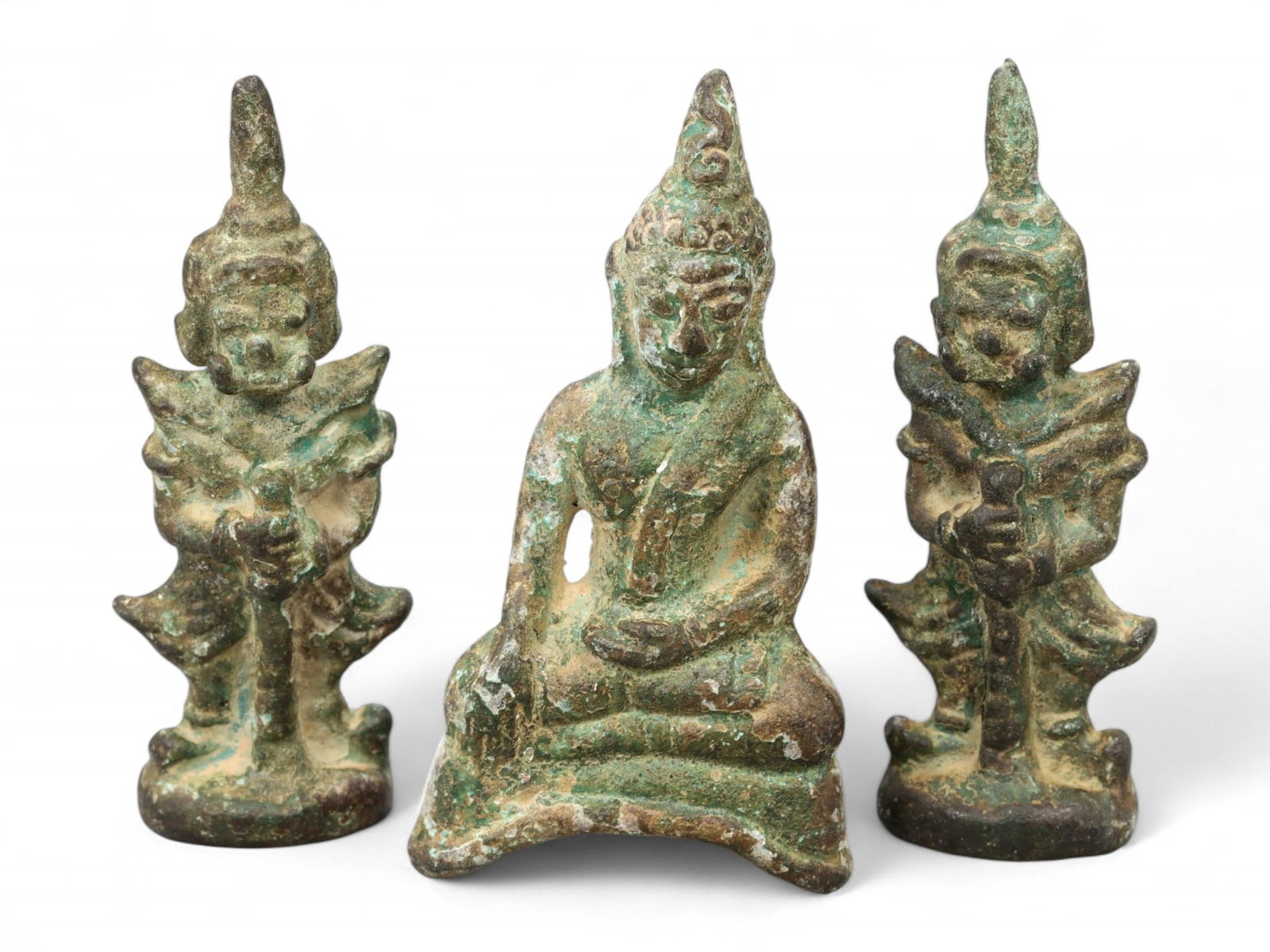 Ancient Southeast Asian Guardian and Buddha Bronze Figurines Trio, c. 10th-13th Century CE, 109g (1 of 2)