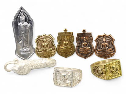 Vintage Thai Buddha Medallions, Monk Rings, Palad Khik Amulet Set, 8pcs, c. Mid-20th Century, 76g: This diverse set of eight vintage Thai devotional and protective items offers a fascinating cross-section of sacred Buddhist iconography and talismanic tradition. Likely produced in the mid-20th centu