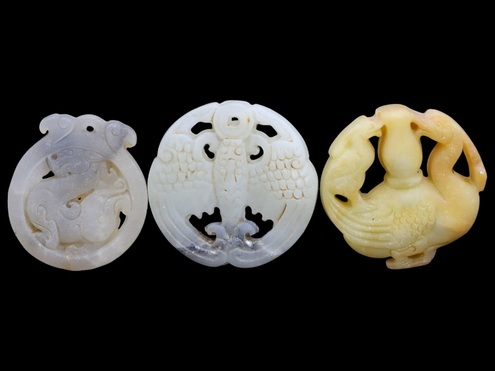 Antique Chinese Beast, Phoenix, and Vase-Bird Jade Amulet Trio, Late Qing to Republic Era, 128g: This exquisite trio of antique Chinese jade amulets reflects the deep symbolic language and artistry of Chinese decorative tradition from the late Qing Dynasty to the early Republic period (late 19th
