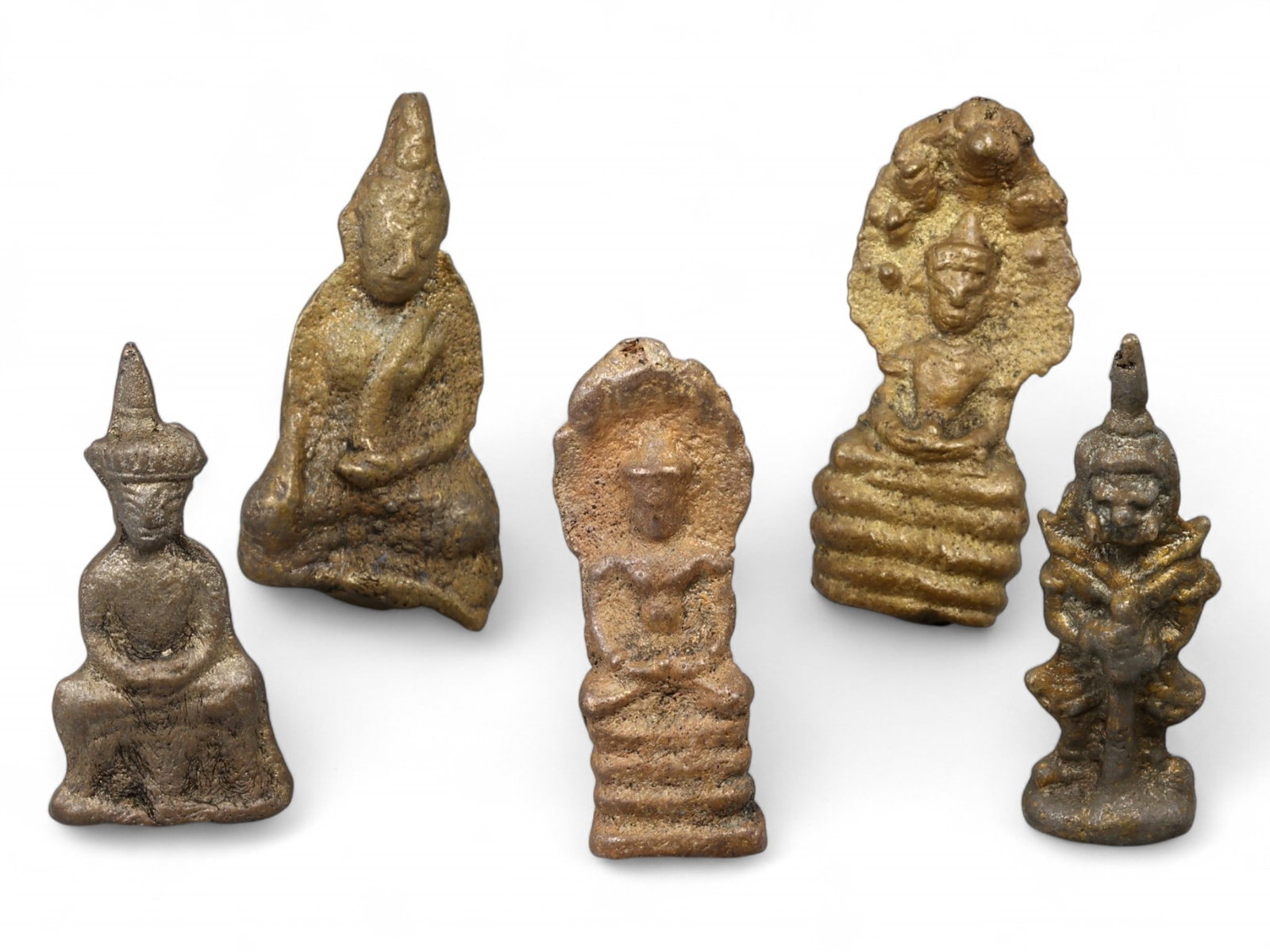 Antique Thai Bronze Seated Buddha and Guardian Figurine Set, Stylized Miniature Casts, 211g (1 of 2)