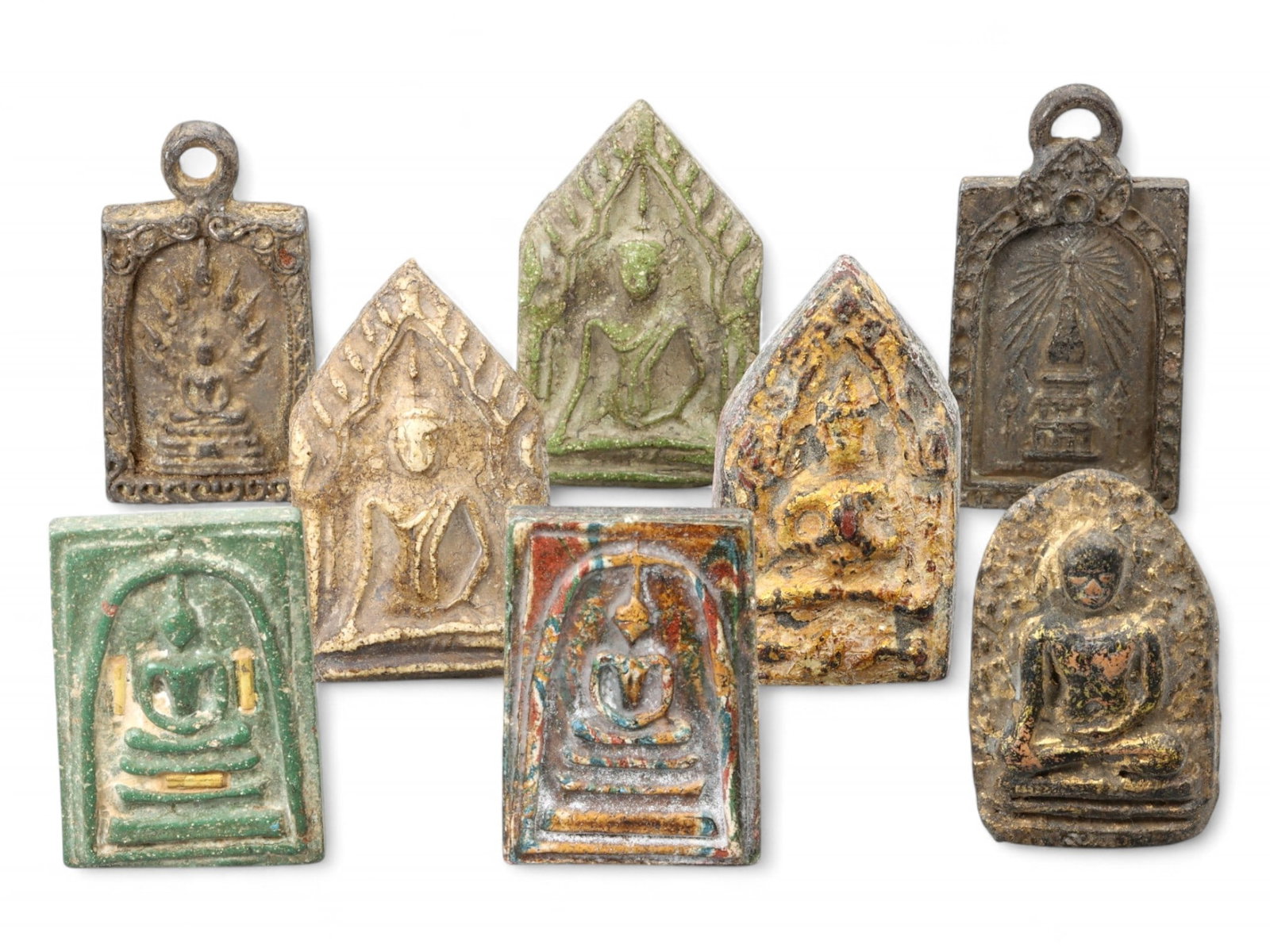 Antique Thai Mixed-Motif Clay and Metal Buddha Amulet Collection, 8 Pieces, Early 20th Century, 163g (1 of 2)