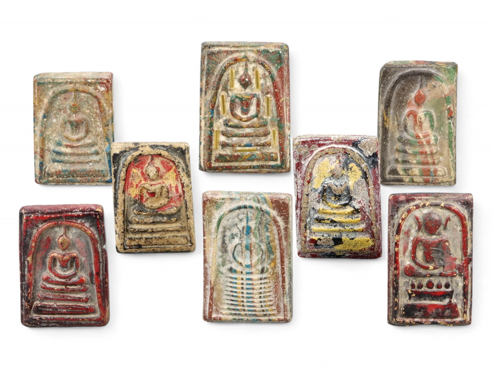 Antique Thai Clay and Metal Polychrome Buddha Amulet Set, 8 Pieces, Early 20th Century, 120g (1 of 2)