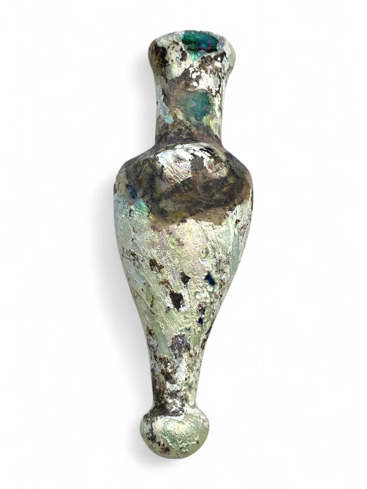 Ancient Islamic Egyptian Iridescent Glass Unguent Flask, c. 9th-12th Century CE, 13g (1 of 3)