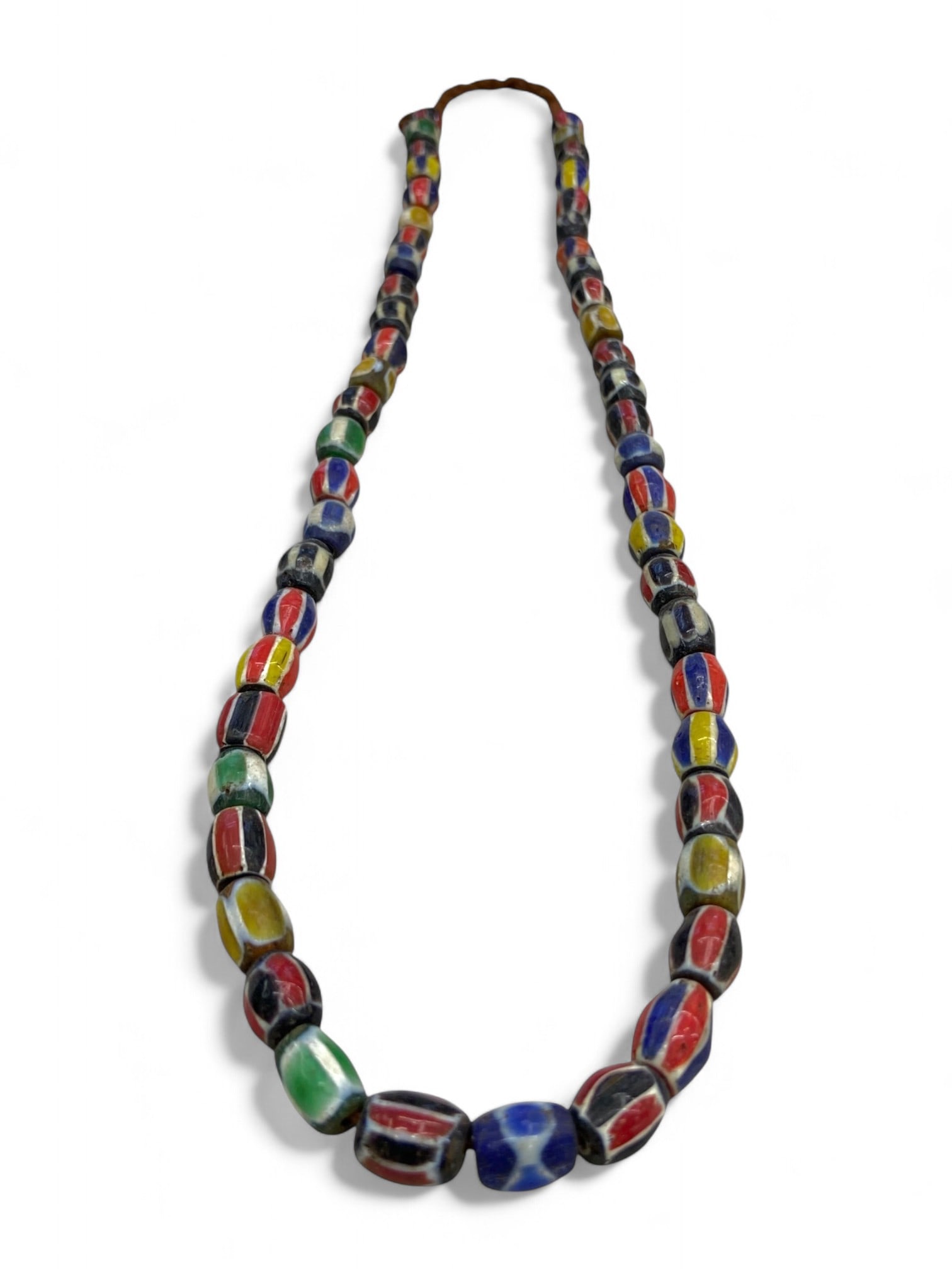 Antique Venetian Chevron Multicolor Glass Trade Beads Strand Necklace, c. 19th Century CE, 73g: This vivid and finely preserved strand of Venetian chevron trade beads dates to the 19th century CE, a time when Murano glassmakers in Venice were at the height of their global influence. Measuring 58