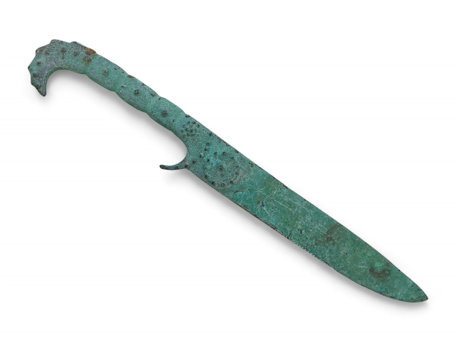 Ancient Luristan Bronze Dagger with Hooked Pommel and Ridge Spine, c. 1200-800 BCE, 176g (1 of 2)