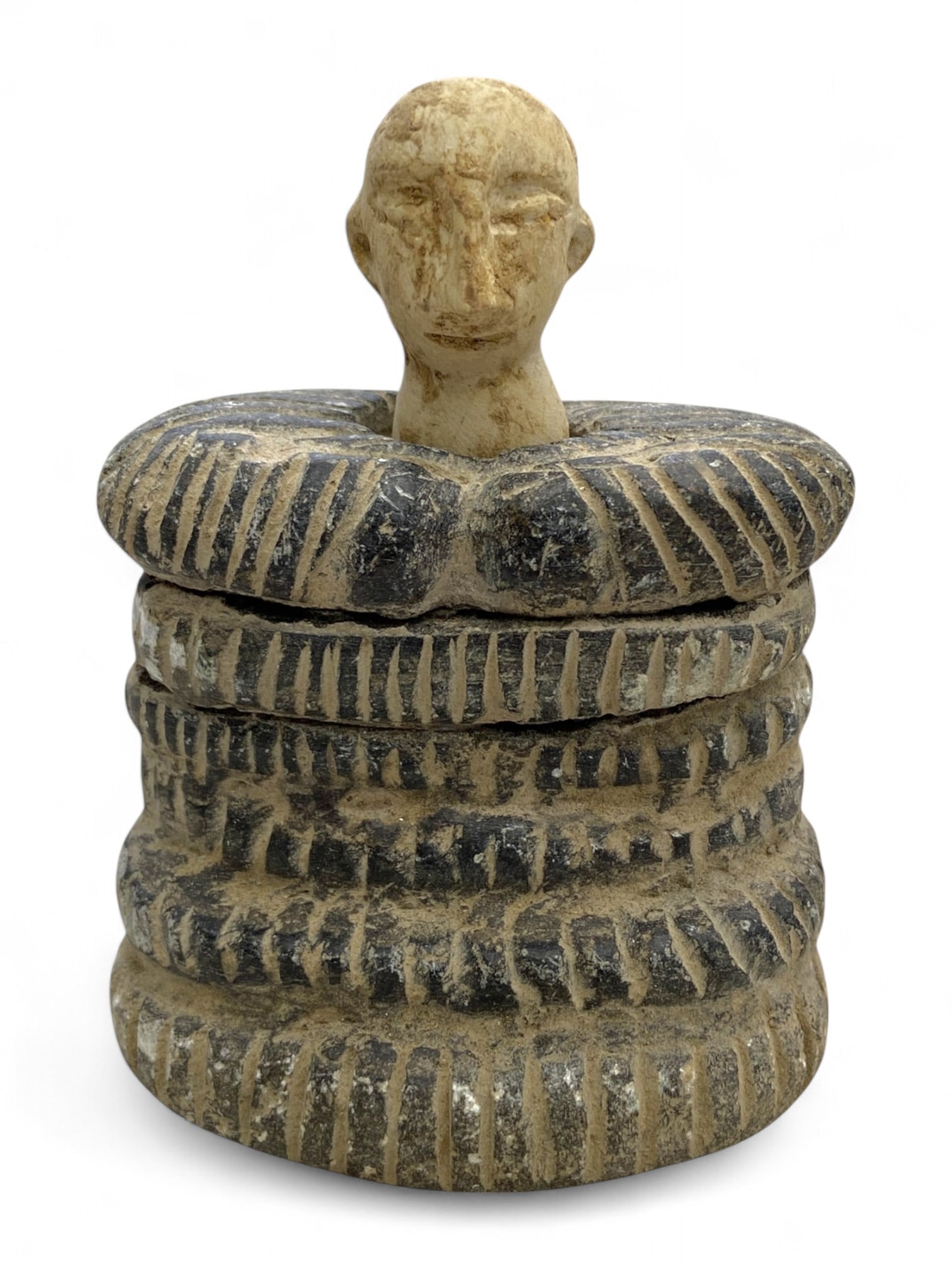 Ancient Bactrian Composite Idol with Human Head and Tiered Robe Form, c. 2nd Millennium BCE, 382g: This powerful and evocative Bactrian composite idol, dating to the 2nd millennium BCE, embodies the spiritual mysticism and symbolic abstraction of early Central Asian religious culture. Carved in den