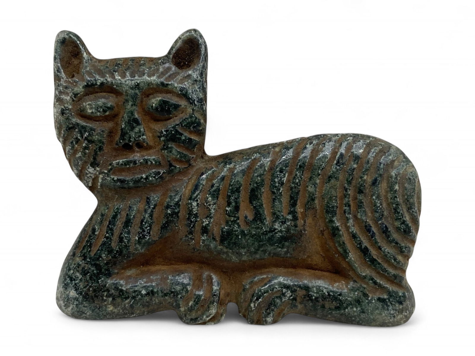 Ancient Near Eastern Reclining Feline Steatite Amulet Idol, c. 1st Millennium BCE, 47g: This carved steatite idol of a reclining feline, likely originating from the ancient Near East, dates to approximately the 1st millennium BCE-a period marked by the flourishing of Mesopotamian, Elamit