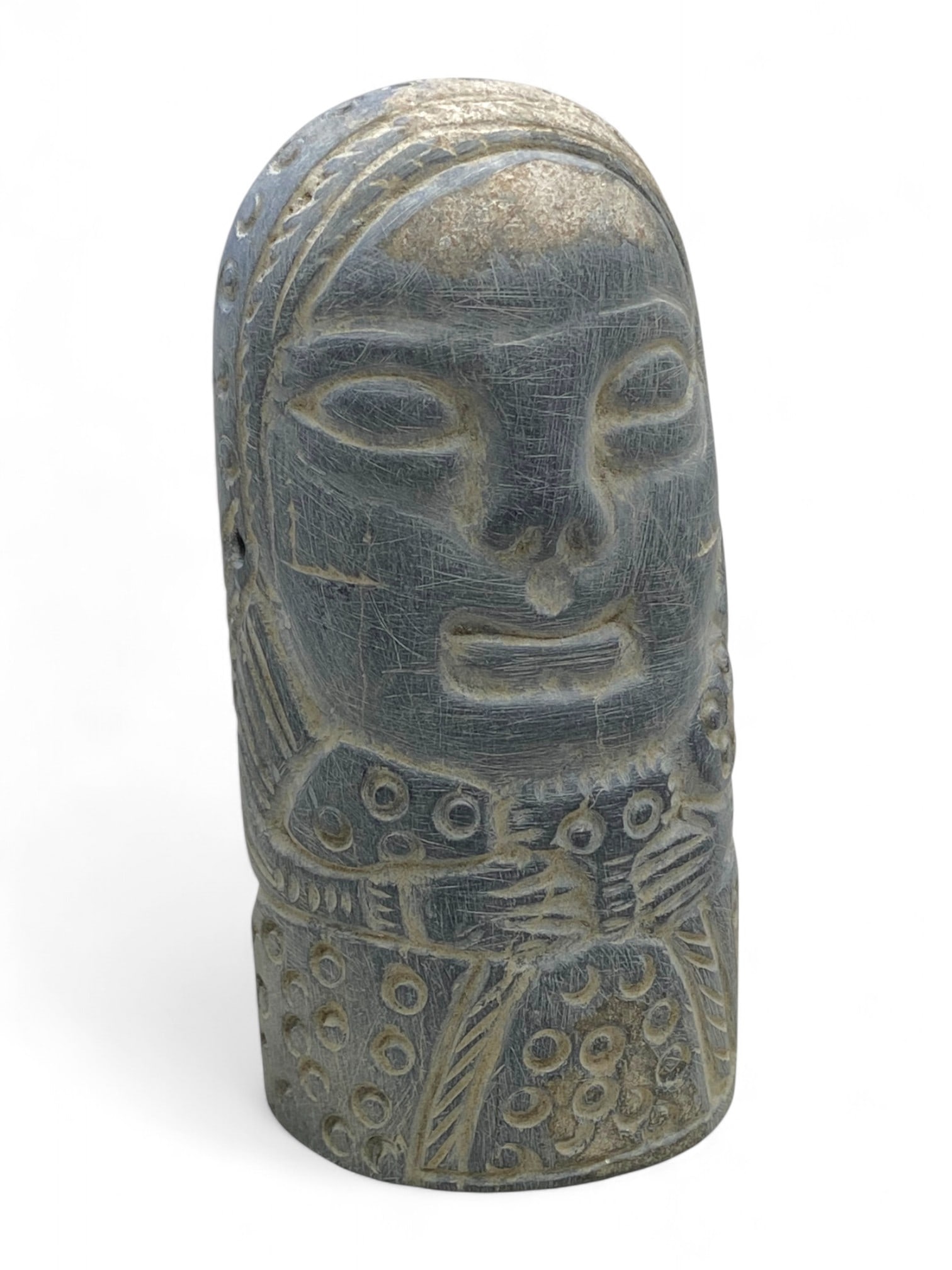 Ancient Bactrian Hollow-Back Schist Idol of Robed Noble, c. 2nd-1st Millennium BCE, 159g: This finely carved idol from ancient Bactria captures the essence of spiritual elegance and symbolic guardianship in early Central Asian civilization. Dating to the 2nd-1st millennium BCE, the figure 