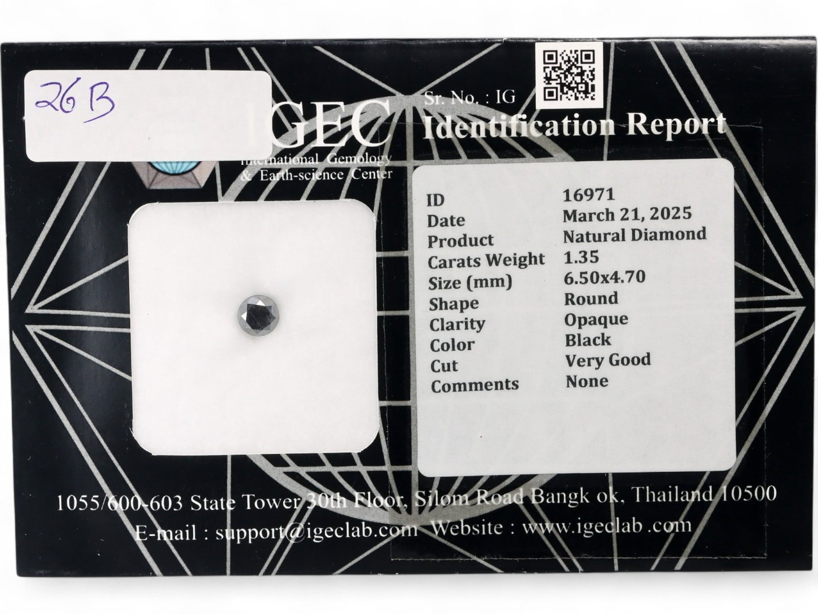1.35ct Natural Fancy black Diamond - Round Cut, Certified: Striking in its sculptural minimalism, this Natural Fancy black diamond exhibits a rich opaque body and a refined round rose cut that lends antique allure with a modernist edge. The stone is certified
