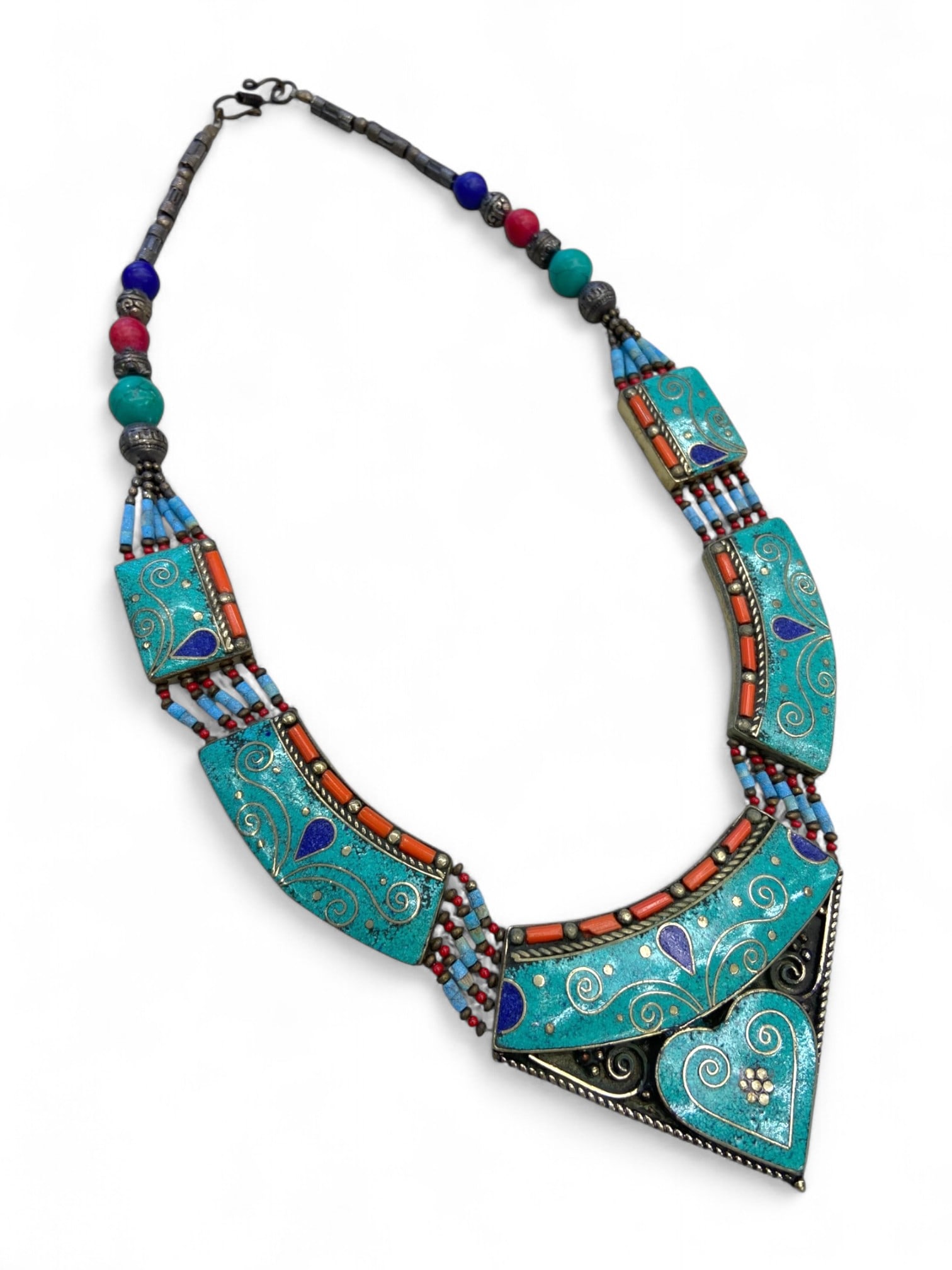 Vintage Himalayan Enamel Turquoise and Coral Inlay Silver Pendant Necklace, 134g (1 of 3)