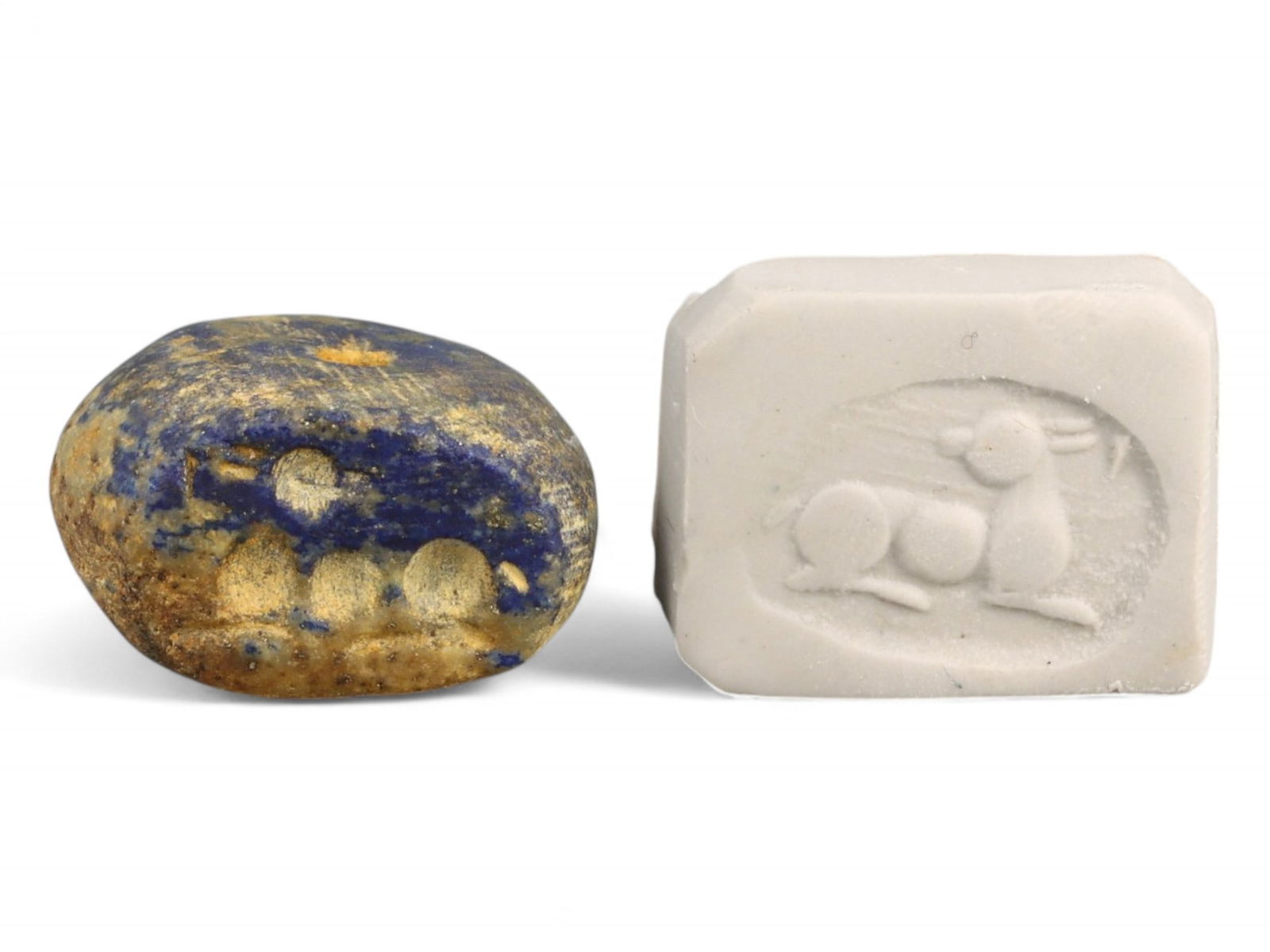 Ancient Elamite Reclining Ibex Motif Lapis Lazuli Hemispheric Stamp Seal, c. 2500-1800 BCE - 9g: This rare Elamite stamp seal, masterfully carved from deep-blue lapis lazuli, dates to the height of the Elamite-Indus interaction period (c. 2500-1800 BCE). Its hemispheric form-less common than the