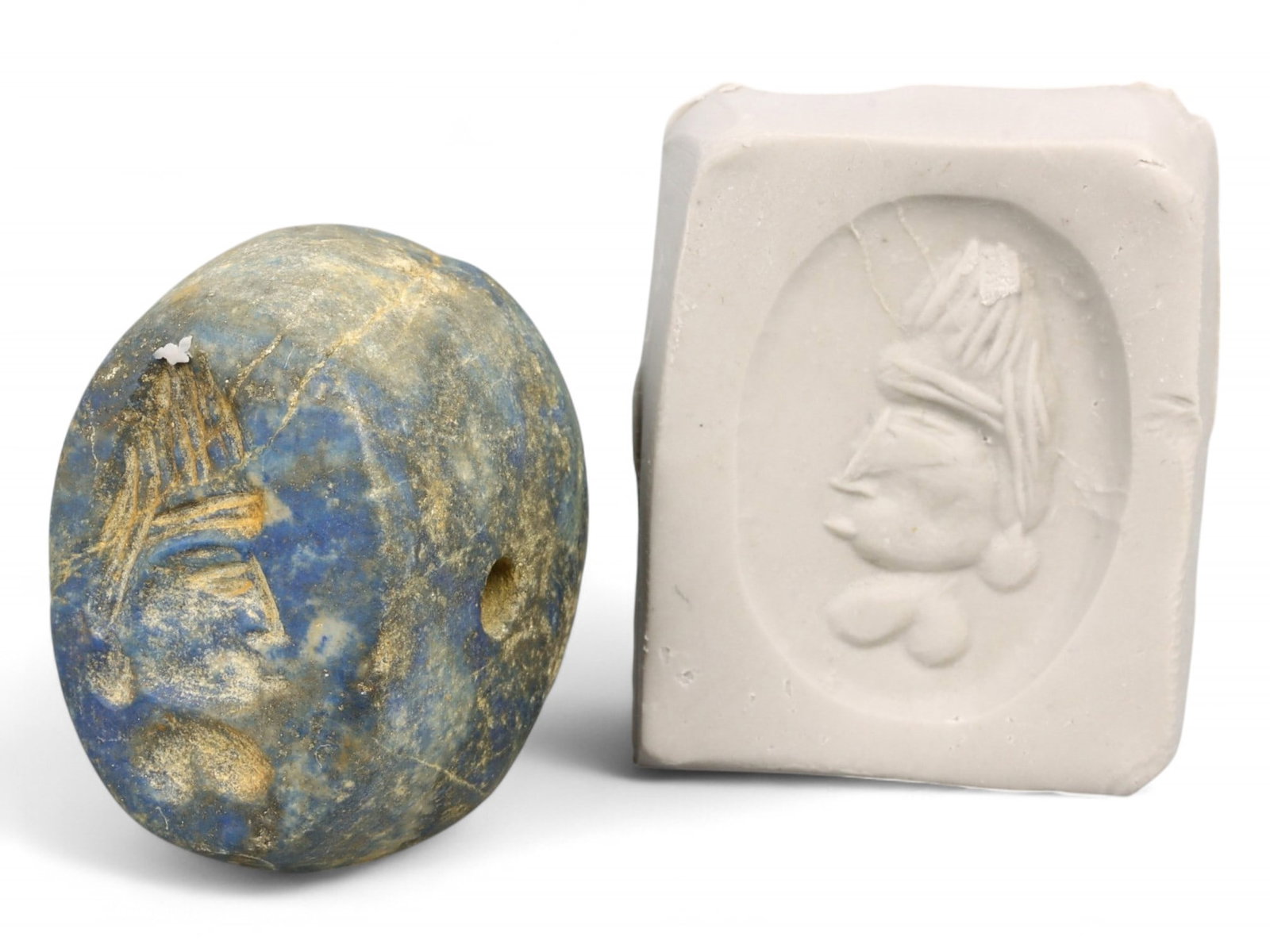 Ancient Elamite Crowned Noble Profile Lapis Lazuli Portrait Stamp Seal, c. 2500-1800 BCE - 31g: This extraordinary Elamite stamp seal, carved from richly veined lapis lazuli, features a commanding profile of a crowned noble figure-a rare and monumental example of early portraiture from the Elami