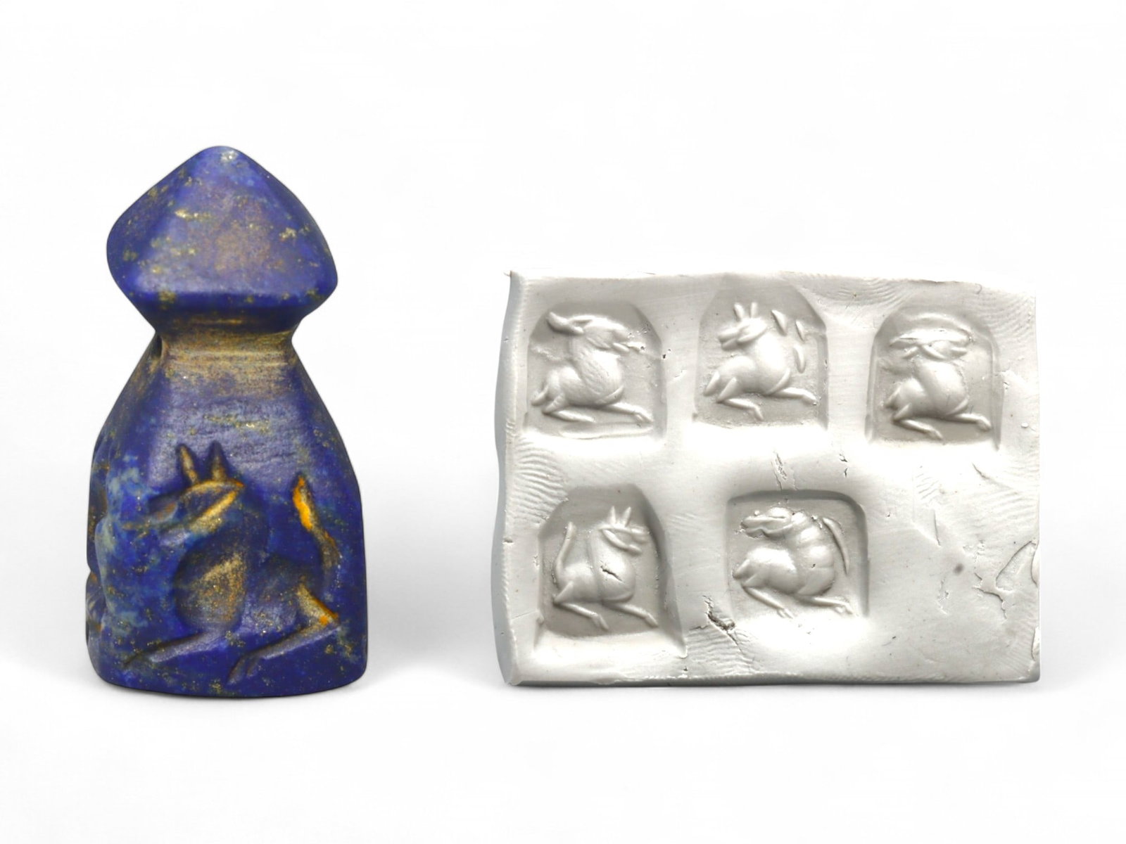 Ancient Sasanian Royal Blue Lapis Lazuli Animal MotifConoid Stamp Seal, c. 4th-6th Century CE, 7.6g: A masterfully carved conoid stamp seal from the Sasanian Empire, this artifact exemplifies the empire's affinity for cosmological symbolism and refined lapidary work. Fashioned from rich lapis lazuli,