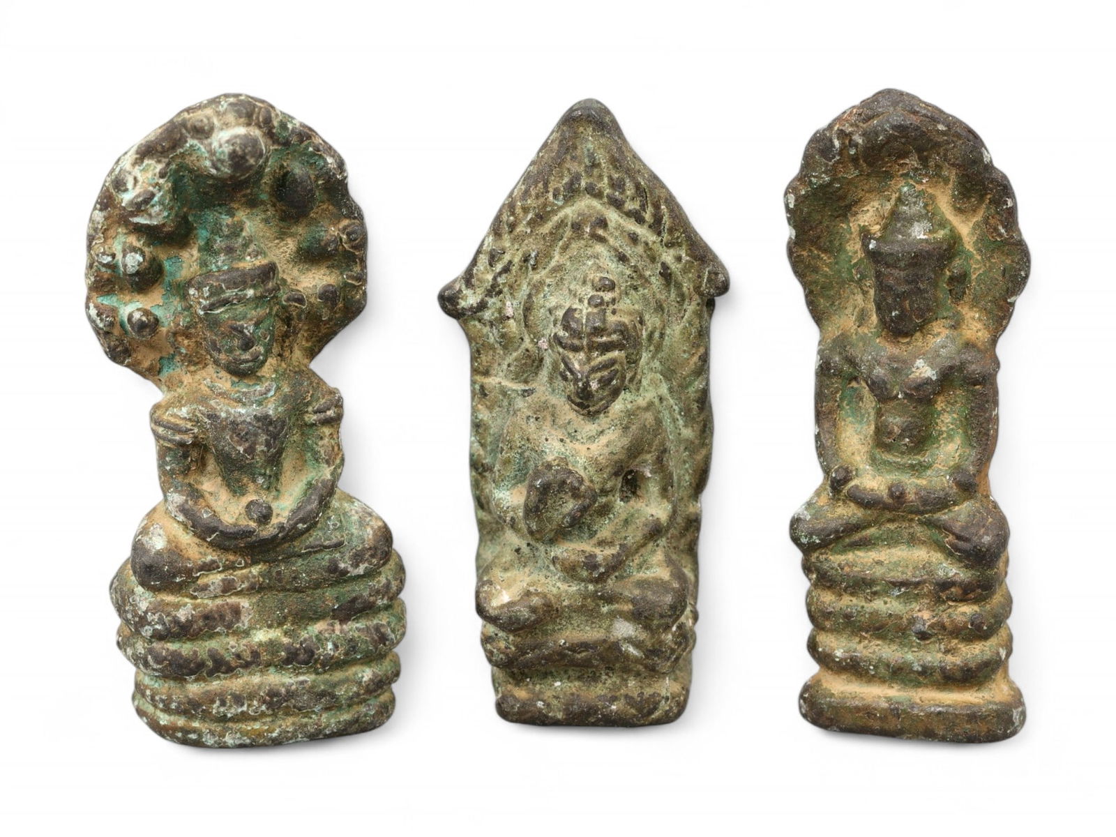 Ancient Southeast Asian Buddha Serpent Throne Bronze Figurines Trio, c. 10th-13th Century CE, 140g (1 of 2)