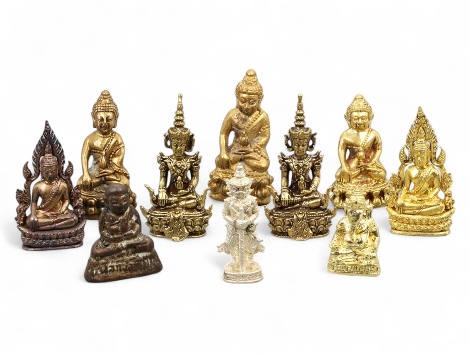 Vintage Thai Gilt and Alloy Miniature Buddha Figurines Set, 10pcs, c. Mid-20th Century, 236g (1 of 2)