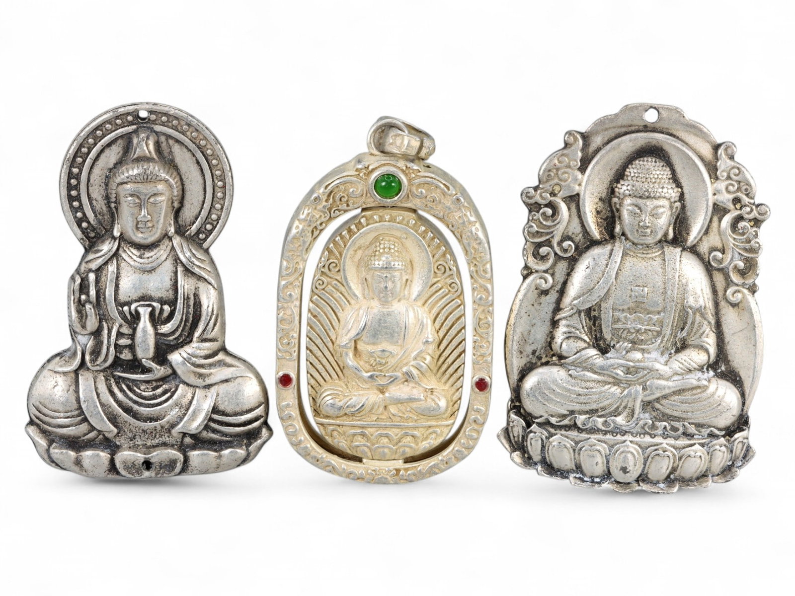 Vintage Chinese Silver Alloy Buddha and Mandala Devotional Plaques Set, 20th Century, 194g: This elegant trio of vintage Chinese devotional plaques, each intricately cast in silver alloy and weighing a combined 194g, features classic Buddhist imagery and talismanic symbolism from the mid-20t