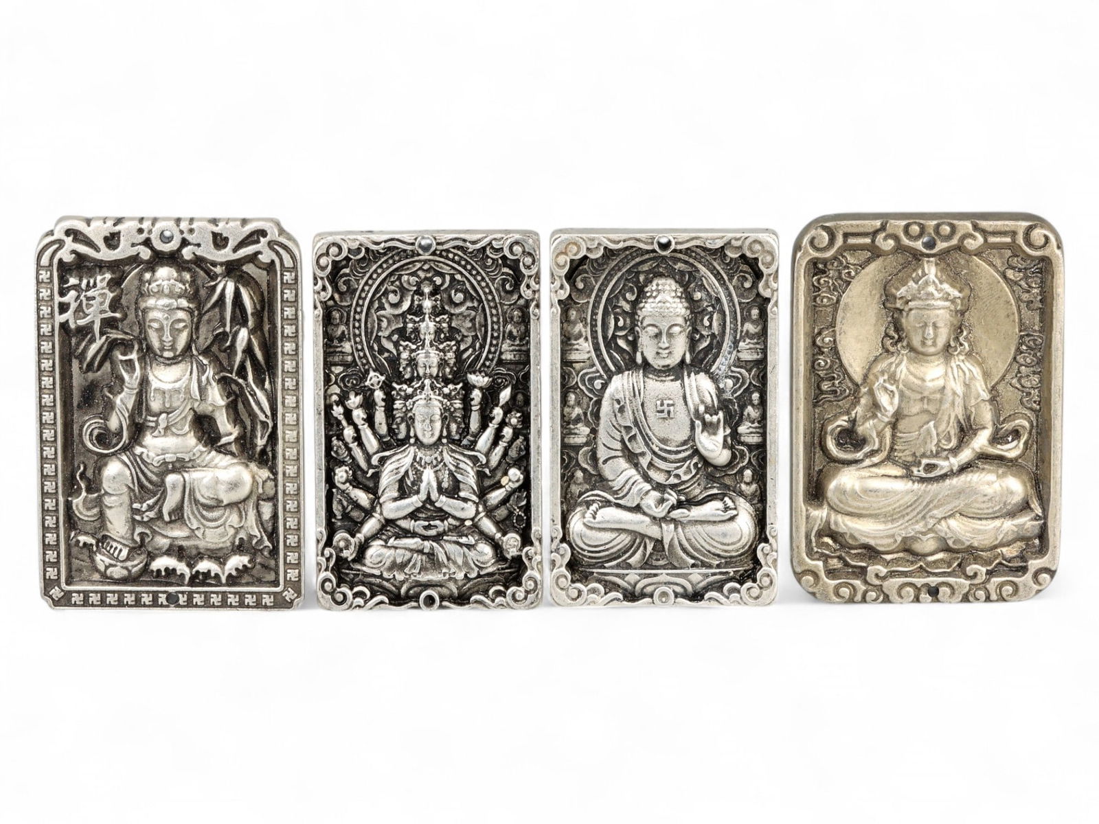 Vintage Chinese Silver Alloy Buddhist Devotional Plaques Set, 4pcs, c. Early 20th Century, 421g (1 of 2)
