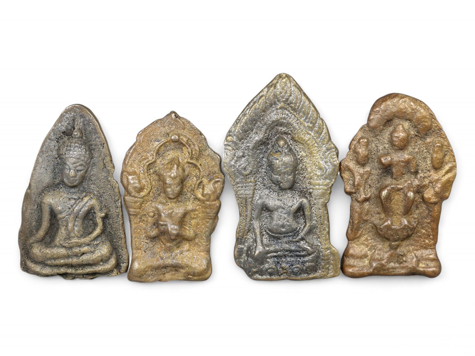 Antique Thai Bronze Buddha Plaque Amulet Group, Multi-Figure Reliefs, 5.5-6.2cm, 169g (1 of 2)