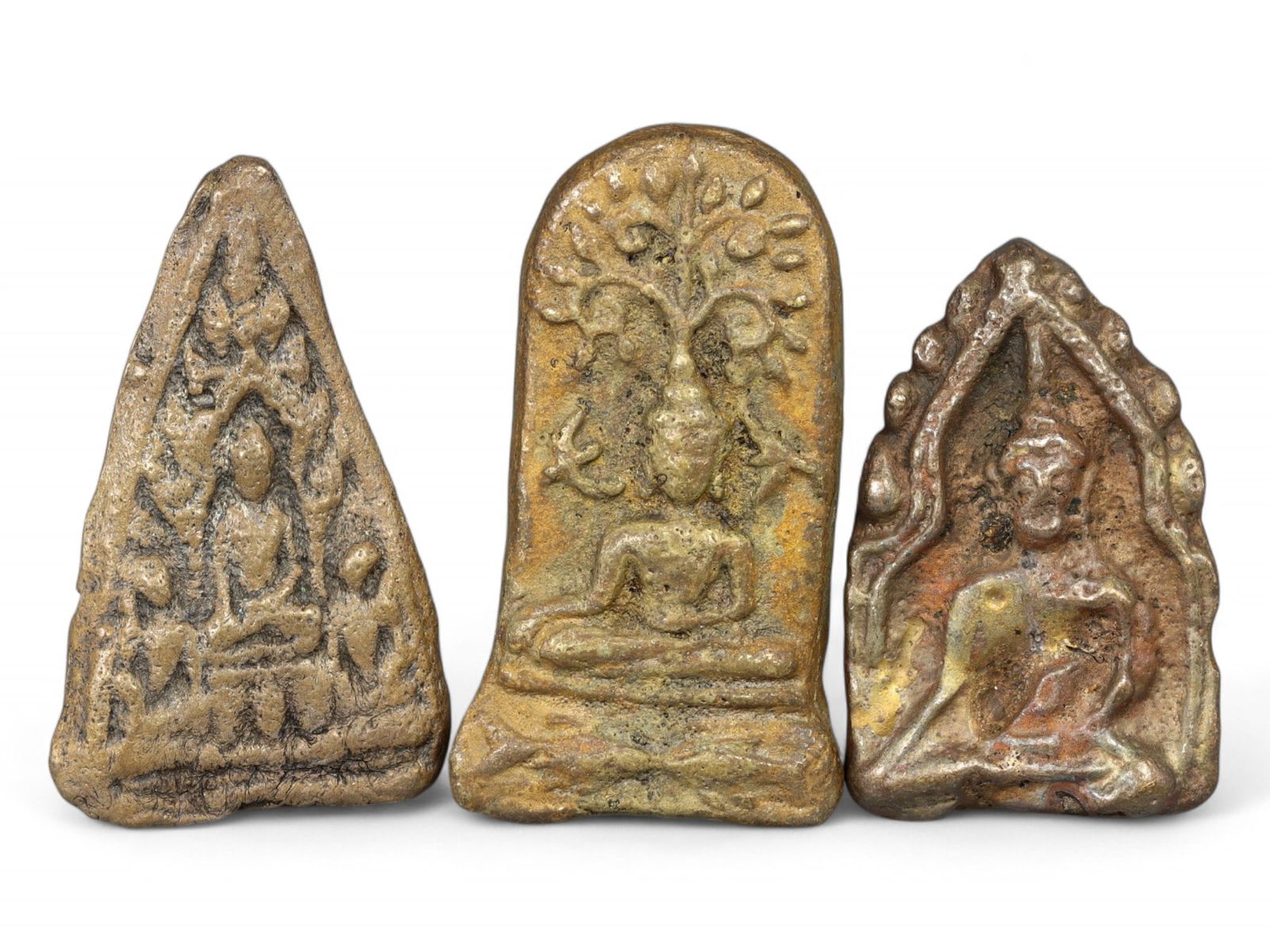 Antique Thai Bronze Buddha Votive Triad, Tree of Enlightenment Reliefs, 5-6cm, 212g (1 of 2)