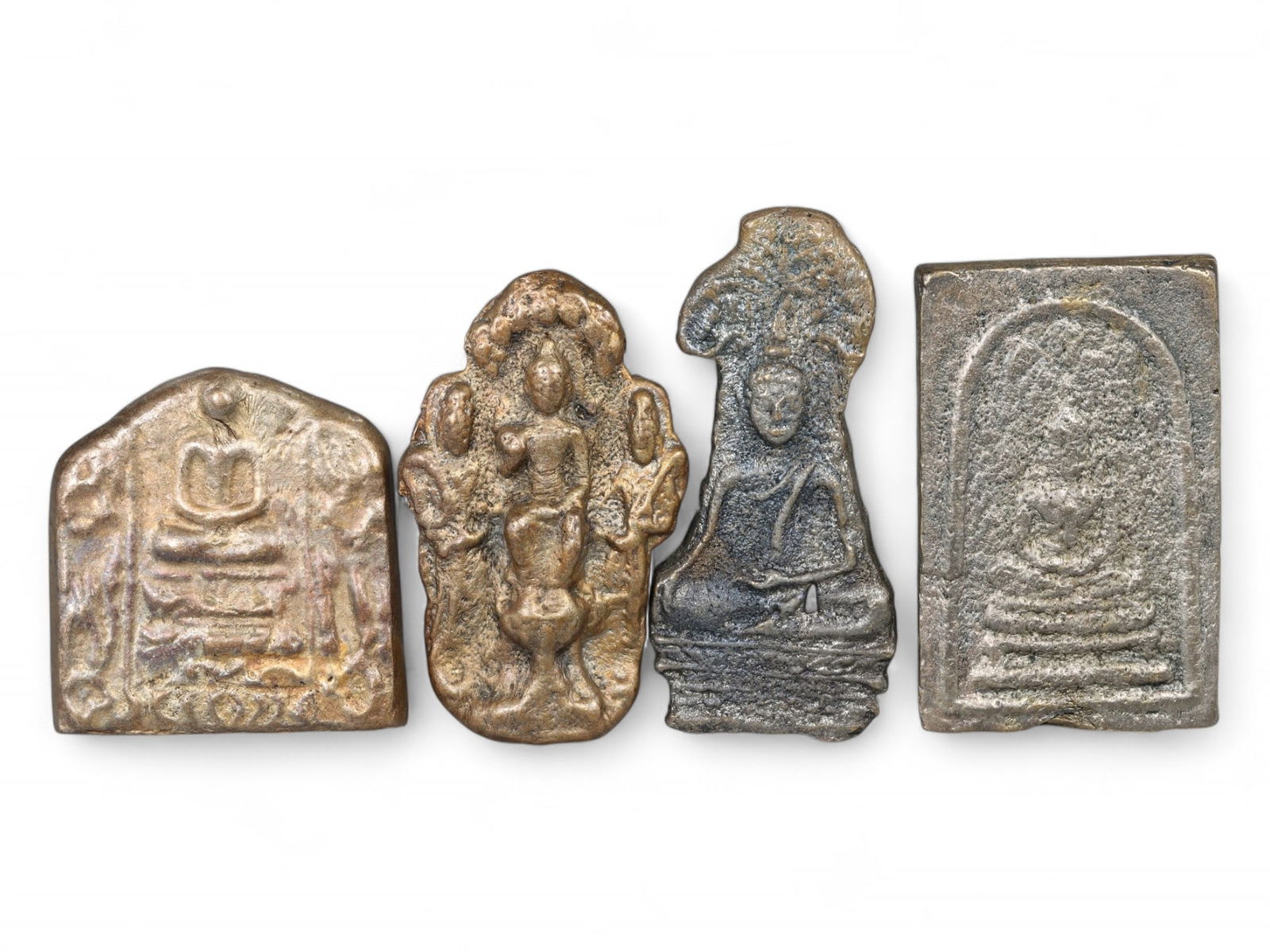 Antique Thai Bronze Sacred Narrative Plaque Collection, Seated and Bodhi Imagery, 4-5cm, 230g (1 of 2)