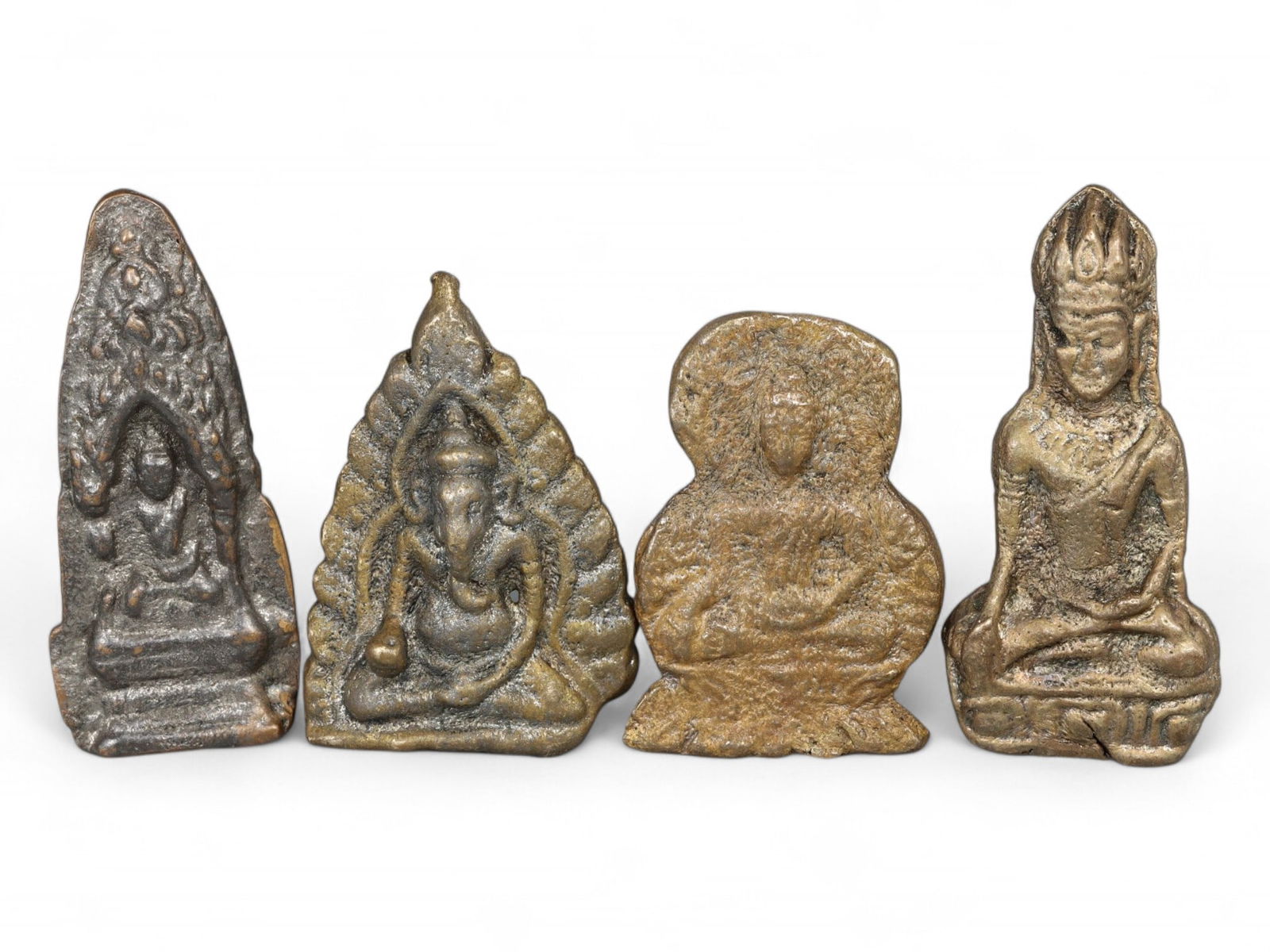 Antique Thai Bronze Sacred Figure Plaque Collection, Ganesha and Bodhisattva Forms, 127g (1 of 2)