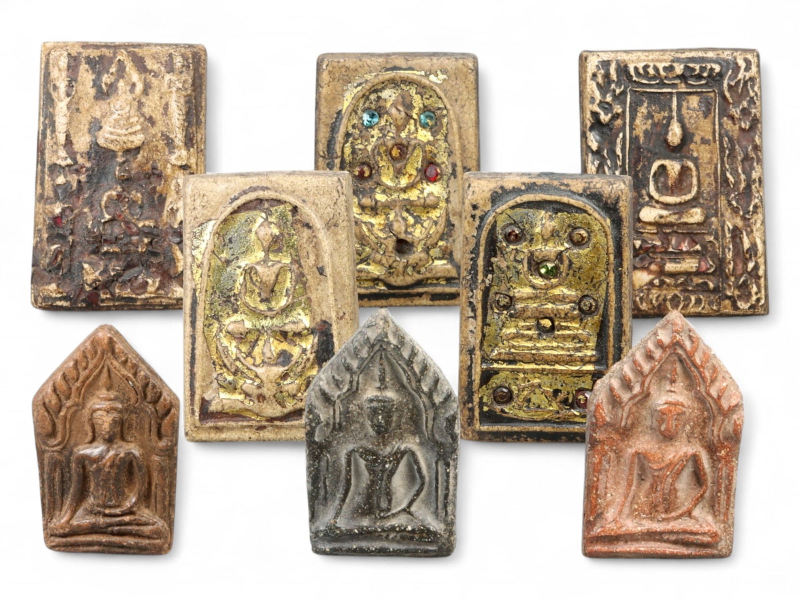 Antique Thai Gilded and Temple-Form Clay Buddha Amulet Collection, Early 20th Century, 159g (1 of 2)