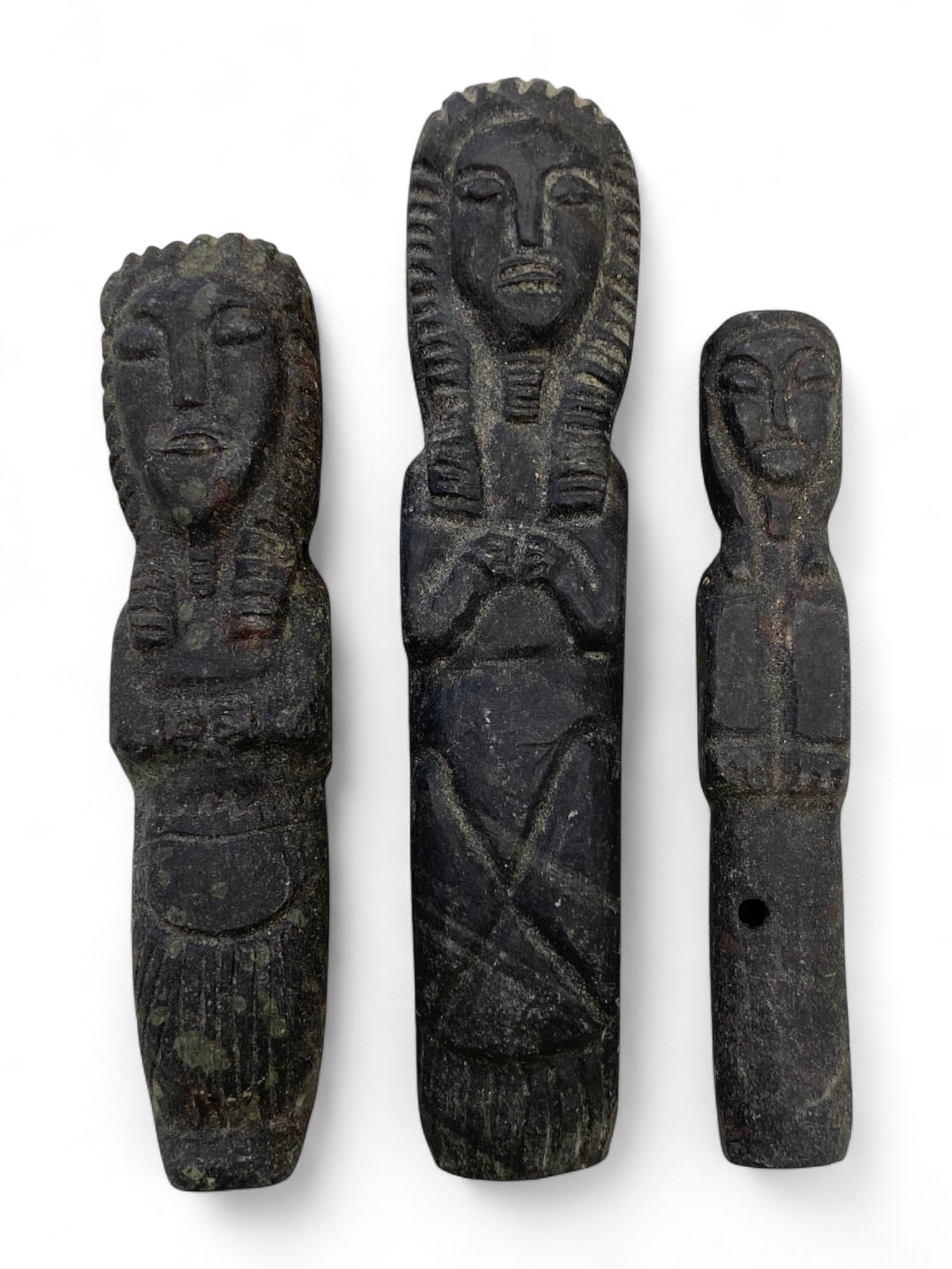 Ancient Medieval Sino-Siberian Trio of Carved Steatite Ancestral Idols, 10th-13th Century CE, 274g: This powerful ensemble of three carved steatite idols hails from the Sino-Siberian cultural sphere, a vast frontier where Central Asian, Mongolic, and Tungusic traditions intersected during the mediev