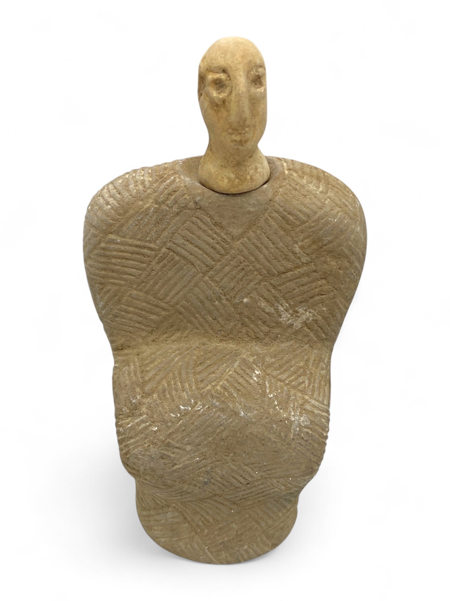 Ancient Bactrian Geometric Robed Fertility Idol in Stone, c. 3rd-2nd Millennium BCE, 429g: This powerful and stylized anthropomorphic idol originates from the ancient Bactrian civilization, a vibrant culture that thrived in Central Asia during the Bronze Age. Carved from buff-toned stone an