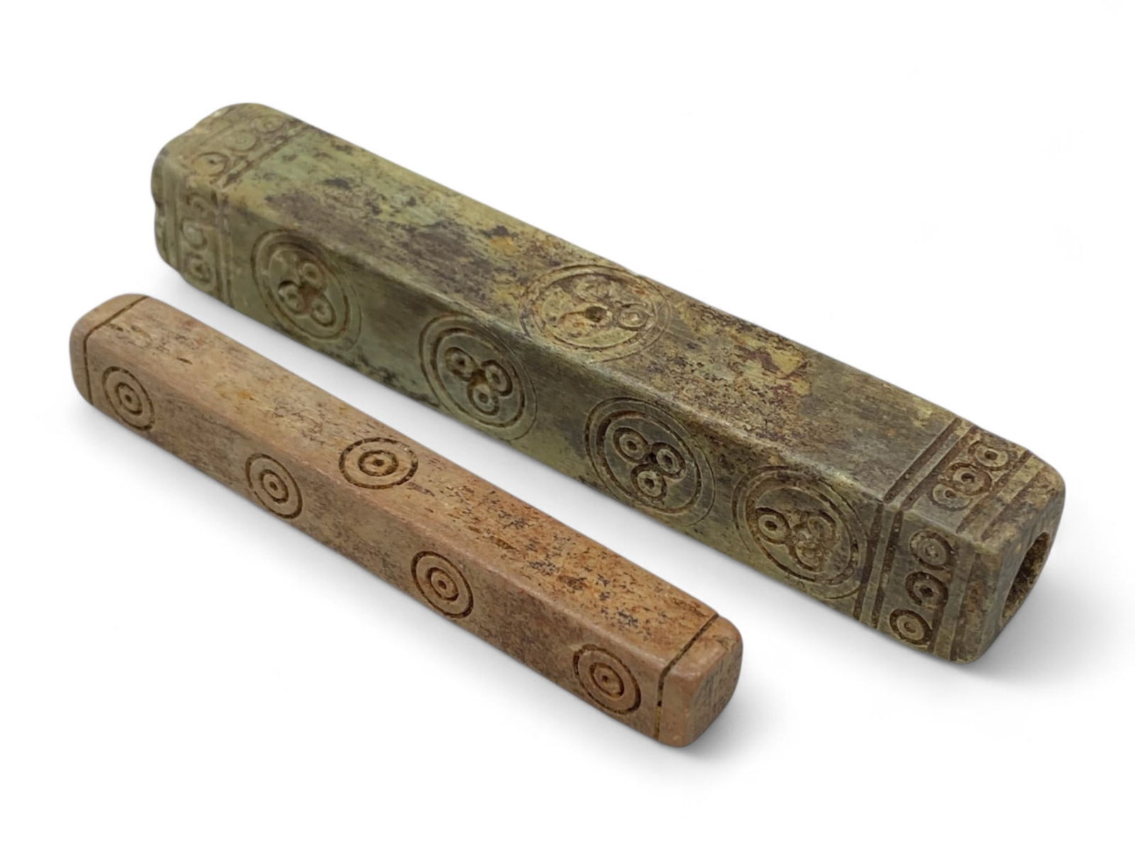 Ancient Medieval Nishapur Carved Bone Relic Rods with Circular Motifs, c. 9th-12th Century CE, 39g: This finely carved pair of medieval bone relic rods originates from Nishapur, a once-thriving center of Islamic culture and craftsmanship in northeastern Iran during the early Islamic Golden Age. Dati
