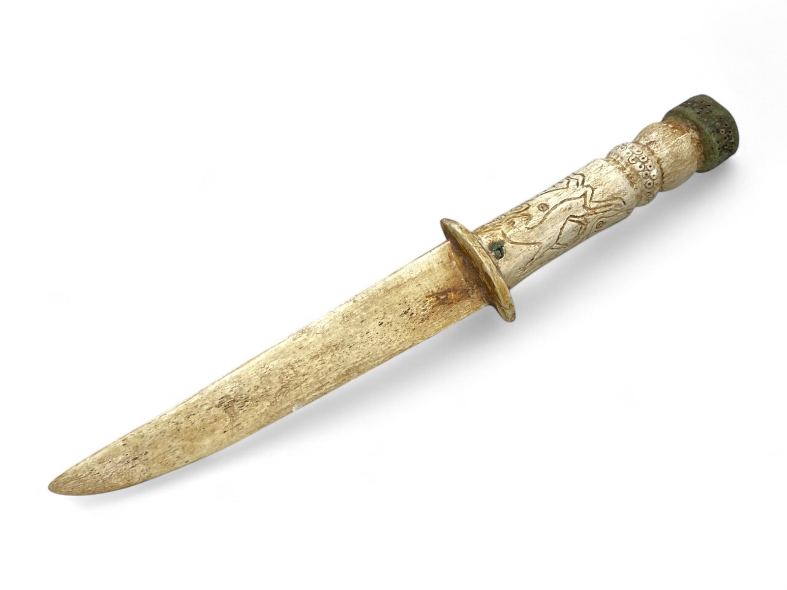 Ancient Medieval Carved Bone Dagger with Zoomorphic Motif, c. 12th-15th Century CE, 93g: This finely crafted medieval dagger, carved entirely from bone and measuring 28 cm (11 inches) in length, is a rare survival from a period where organic weapons and ceremonial objects often perished w