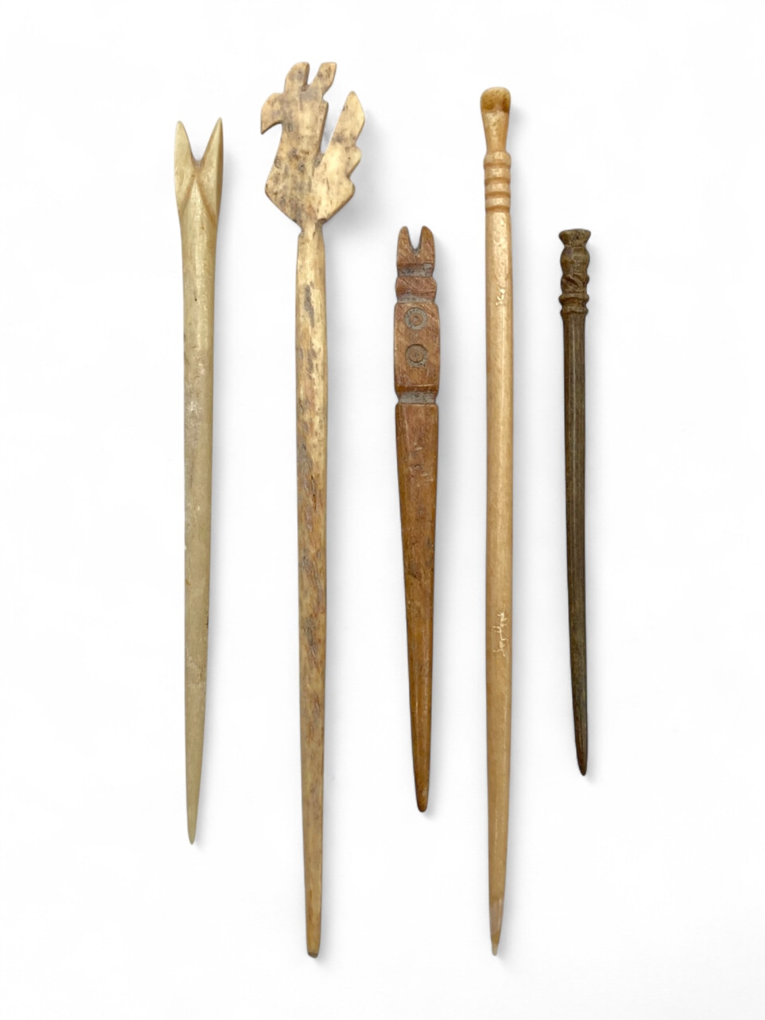 Ancient Medieval Carved Bone and Bronze Hair and Utility Pins, 5pcs, c. 10th-15th Century CE, 16g: This delicate and diverse set of five carved pins-four in bone and one in bronze-offers a window into the domestic and personal grooming culture of the medieval period. Ranging from 8 to 13 cm (3.1 to