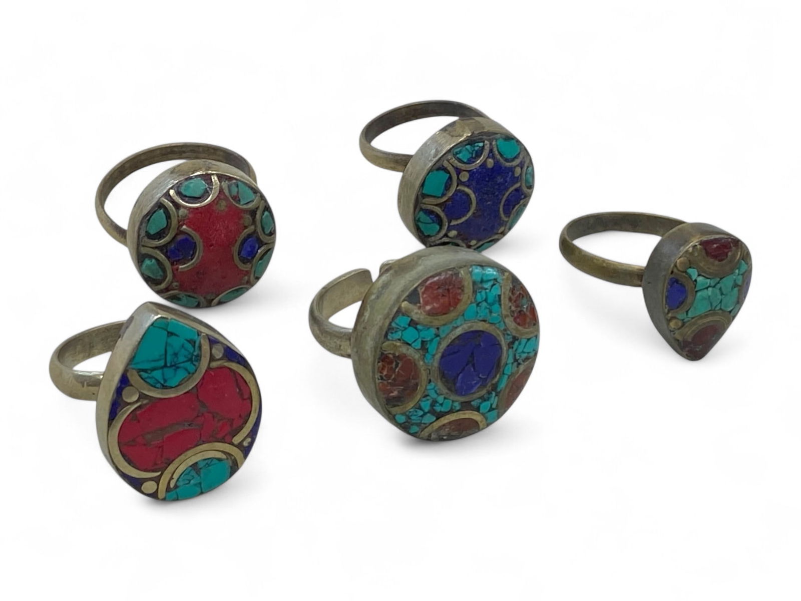 Antique Himalayan Tribal Mosaic Bronze Rings Set, Inlaid Glass and Stone, 41g (5 Rings) (1 of 3)