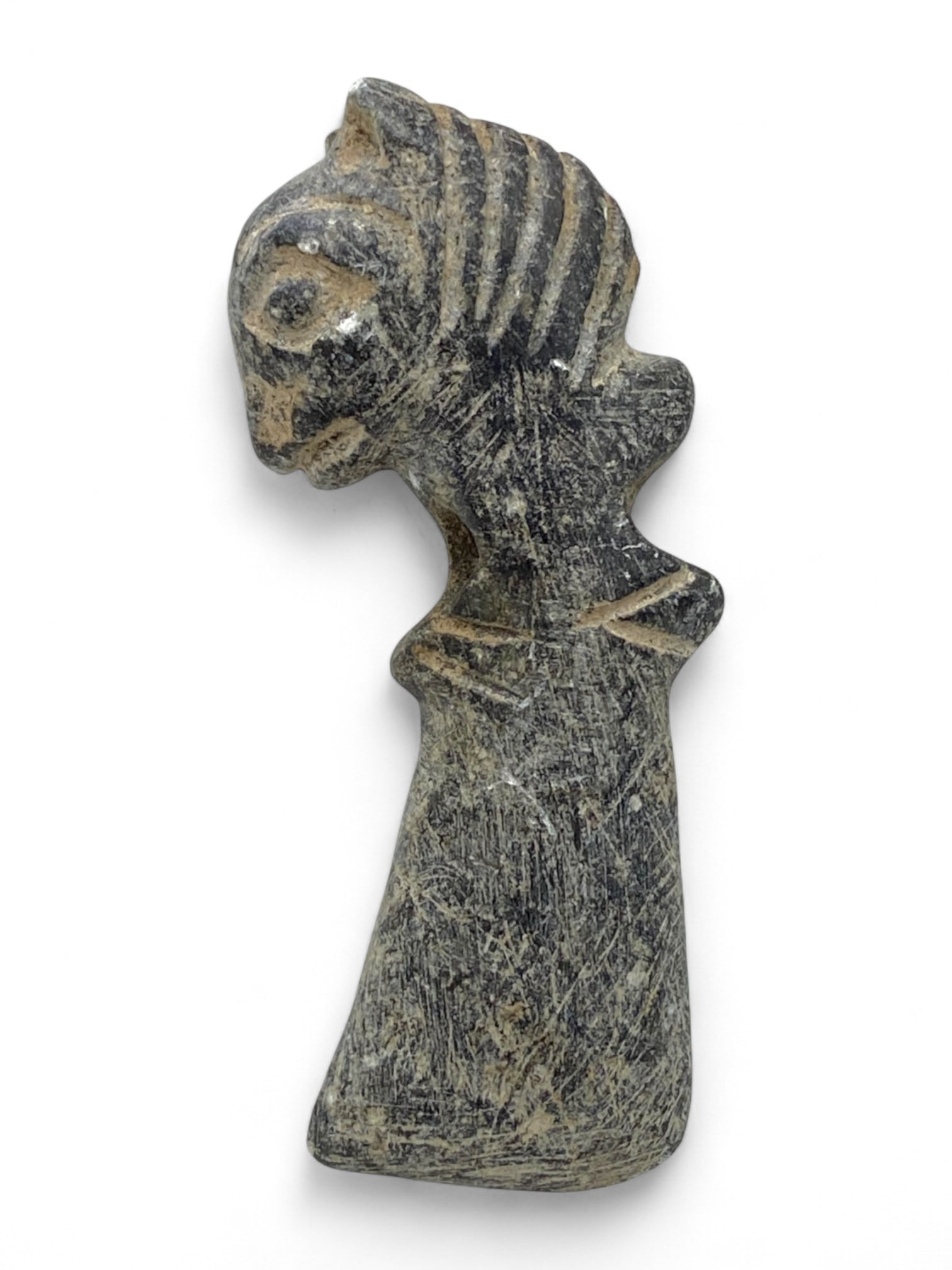 Ancient Near Eastern Stylized Female Idol Steatite Votive Figure, c. 3rd Millennium BCE, 23g: This compelling steatite figure embodies the spiritual artistry of the ancient Near East, a cradle of early civilization that flourished across Mesopotamia, Elam, and the Iranian plateau during the 3r