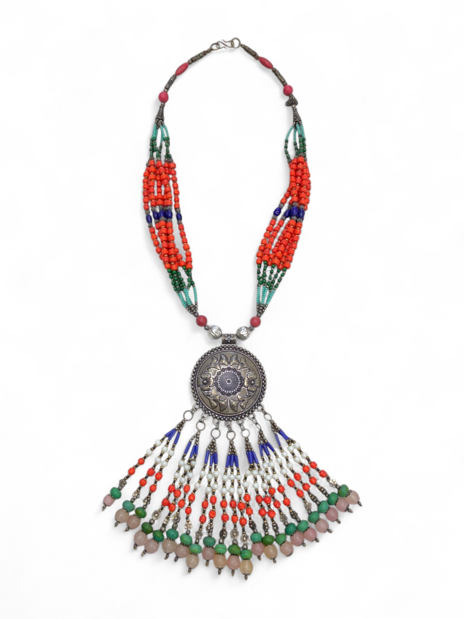 Vintage North Indian Tribal Crescent Pendant Multistrand Beaded Necklace, 134g: This exuberant vintage necklace from North India showcases the rich color and ornamentation of regional tribal craftsmanship, likely dating to the mid-20th century. Weighing 134 grams (4.73 oz), the n