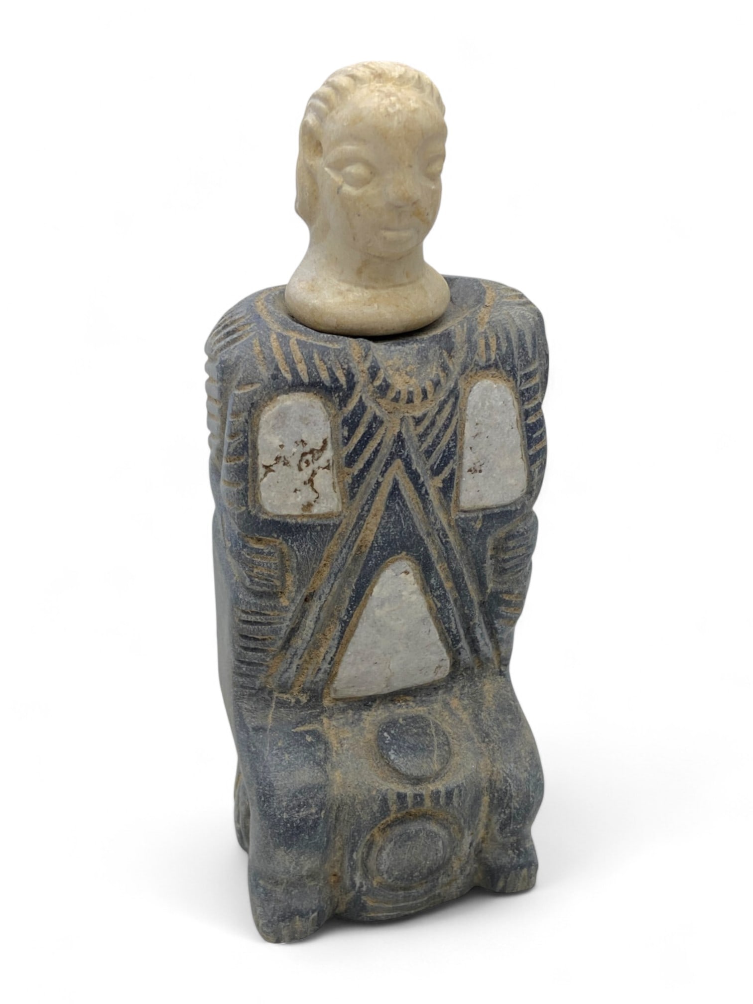 Ancient Bactrian Polychrome Chlorite Idol with Inlaid Geometric Motifs, c. 3rd Millennium BCE, 440g (1 of 5)