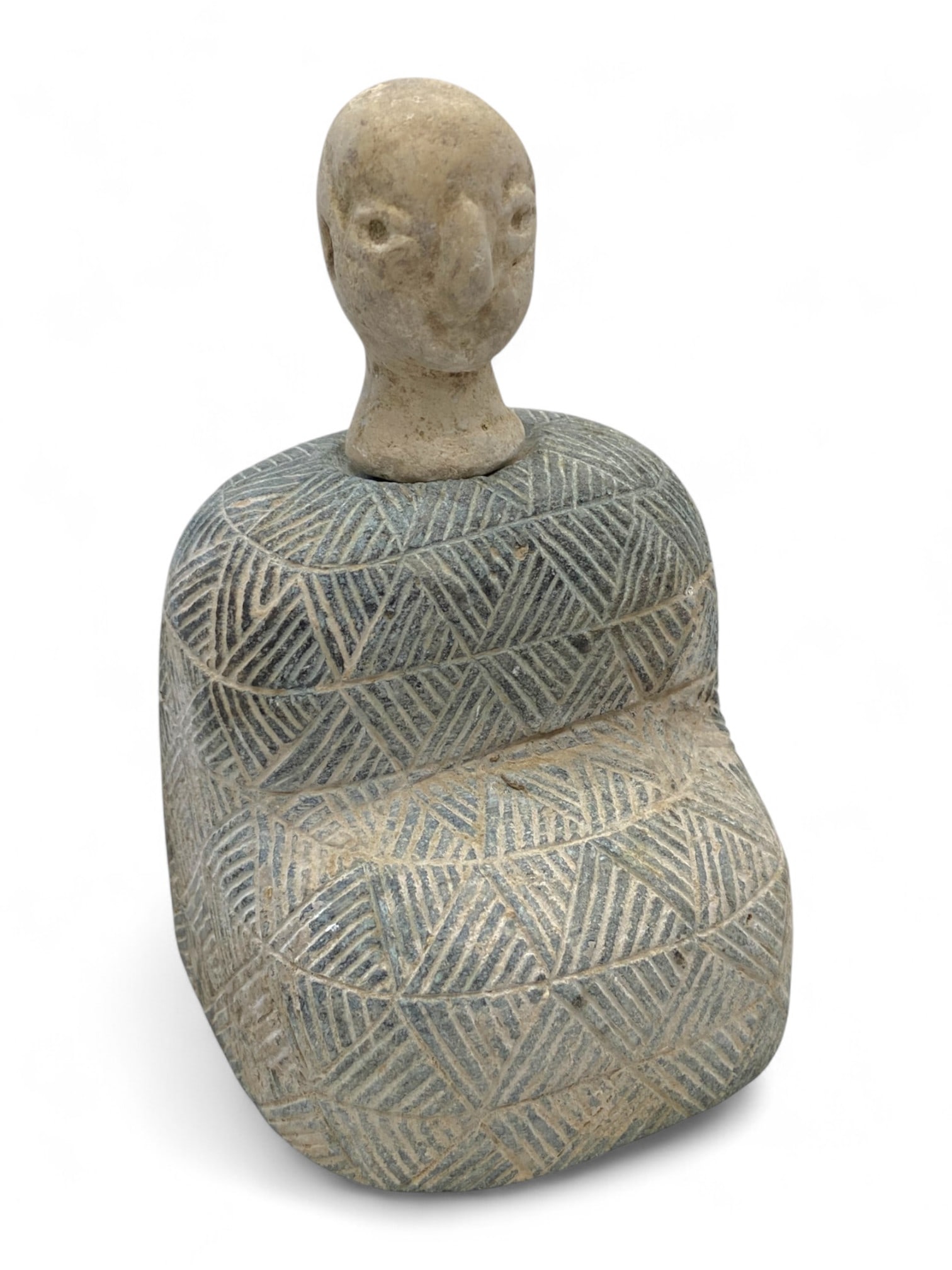 Ancient Bactrian Geometric Pattern Chlorite Seated Idol, c. 3rd-2nd Millennium BCE, 873g (1 of 5)