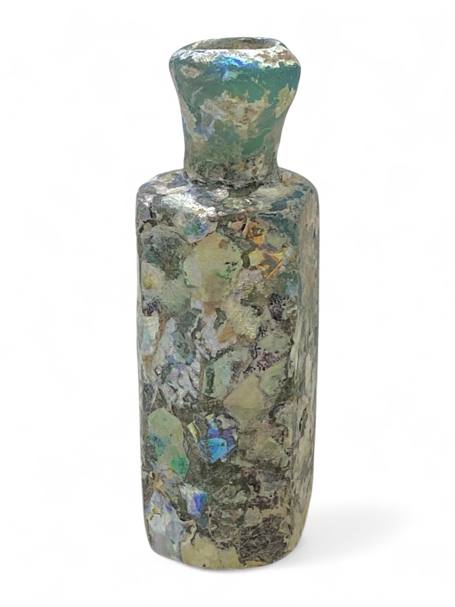 Ancient Roman Iridescent Glass Unguentarium Bottle, c. 1st-3rd Century CE, 30g: This beautifully preserved Roman glass unguentarium bottle, dating to the 1st-3rd century CE, is a striking example of ancient craftsmanship fused with the ravages and rewards of time. Weighing 30 gra