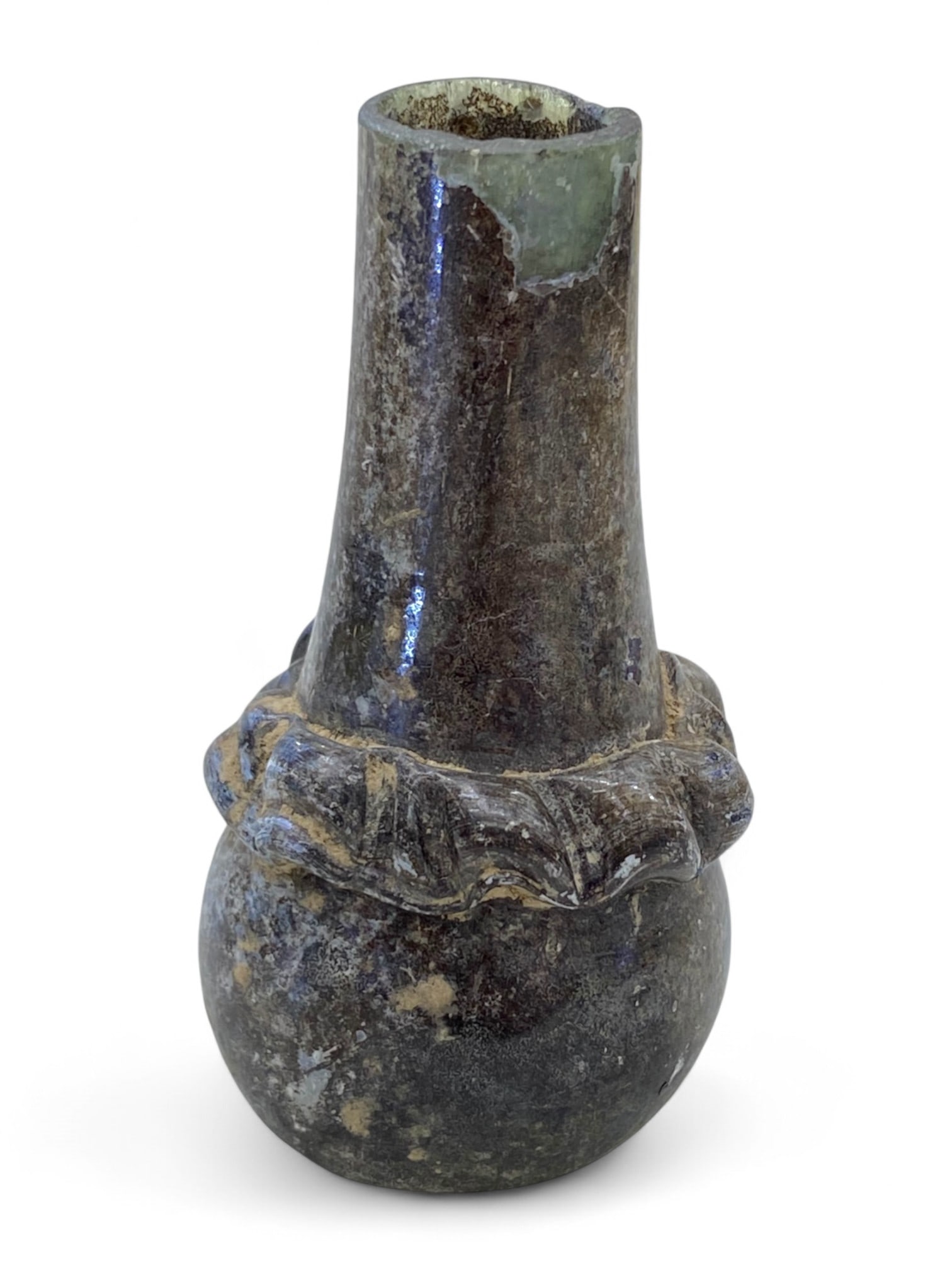 Ancient Roman Decorative Folded-Rim Glass Unguentarium, c. 1st-3rd Century CE, 85g: This graceful Roman unguentarium, dating to the 1st-3rd century CE, is a remarkable testament to the empire's mastery of glassmaking. Measuring 8 cm in height and weighing 85 grams, the vessel showcas