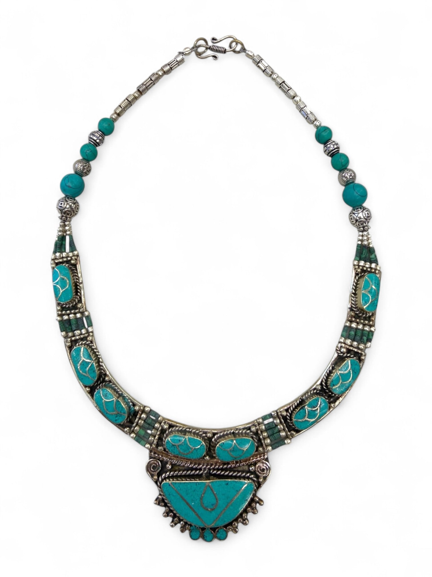 Central Asian Turquoise Crescent Motif Inlay Tribal Silver Necklace, 127g: This striking necklace showcases a vibrant mosaic of turquoise inlay set into ornately crafted silver, evoking the beauty and symbolism of traditional tribal craftsmanship. With its elaborate central 