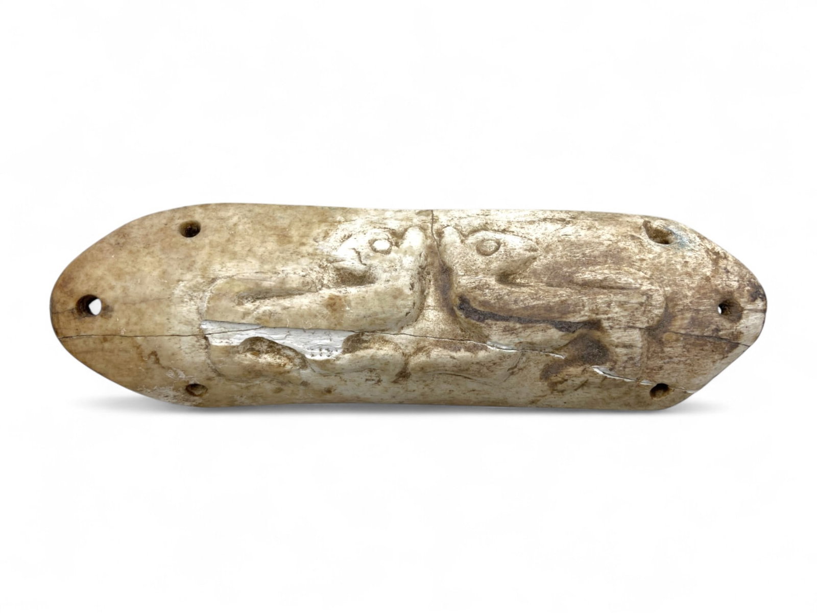 Ancient Near Eastern Intertwined Beast Bone Carving Ritual Plaque, c. 2nd Millennium BCE, 119g: This remarkable carved bone plaque, measuring approximately 17 x 7 cm (6.7 x 2.75 in) and weighing 119 grams (4.2 oz), is a rare relic likely originating from the ancient Near East during the 2nd mill