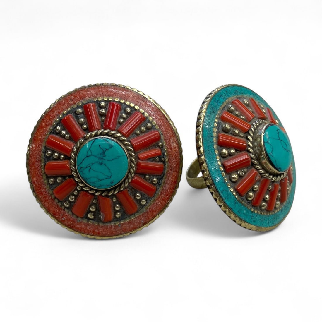 Antique Tribal Sunburst Rings with Coral and Turquoise Inlay, 2pcs, 52g, 4cm (1 of 3)