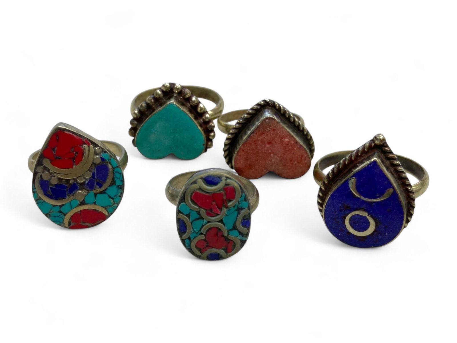 Antique Himalayan Teardrop and Heart Mosaic Inlay Rings, Set of 5, Early 20th Century, 58g (1 of 2)