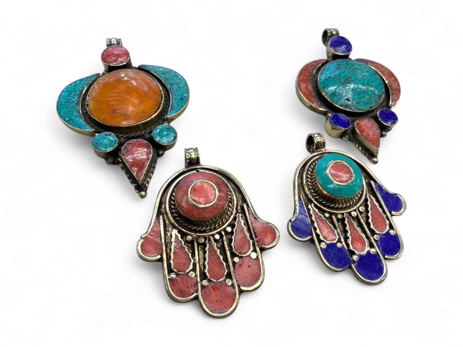 Tribal Hamsa and Solar Motif Inlay Pendants Set, c. 19th-20th Century, 4 Pieces, 159g (1 of 2)
