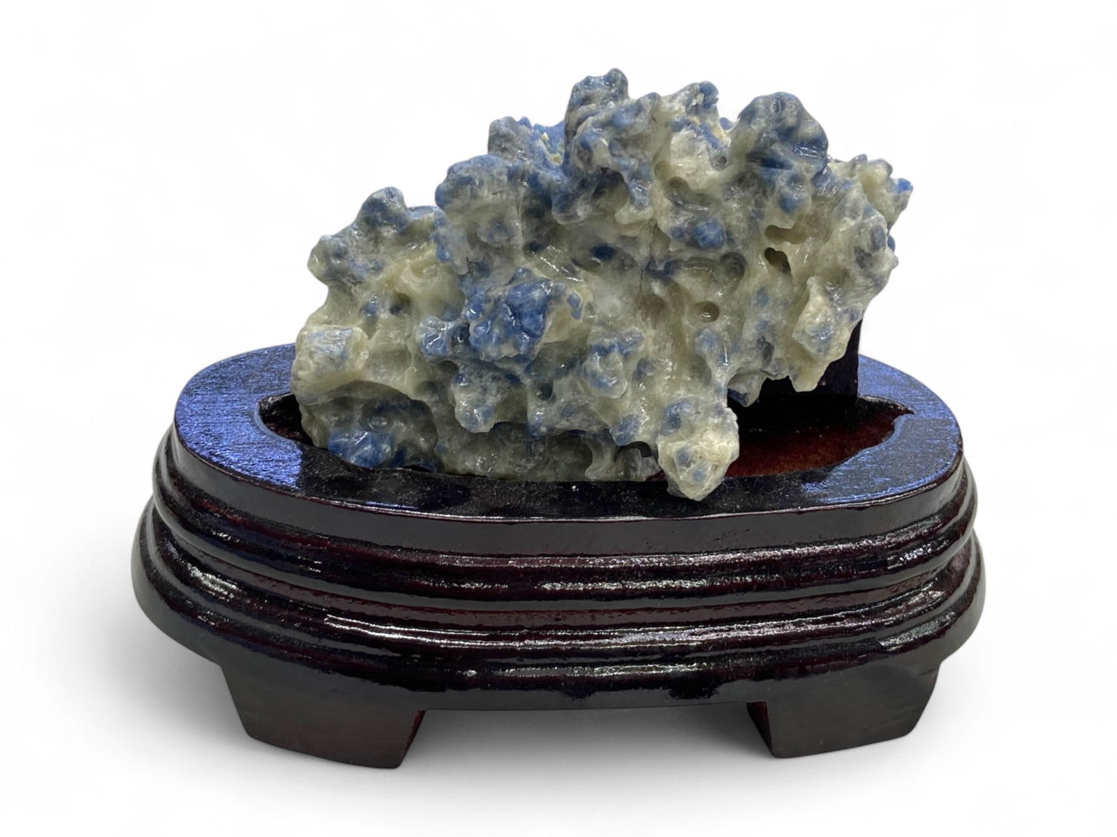 Corundum Blue Sapphire Rough Crystal Cluster on Carved Wood Display Stand, 388g, 15cm (1 of 4)